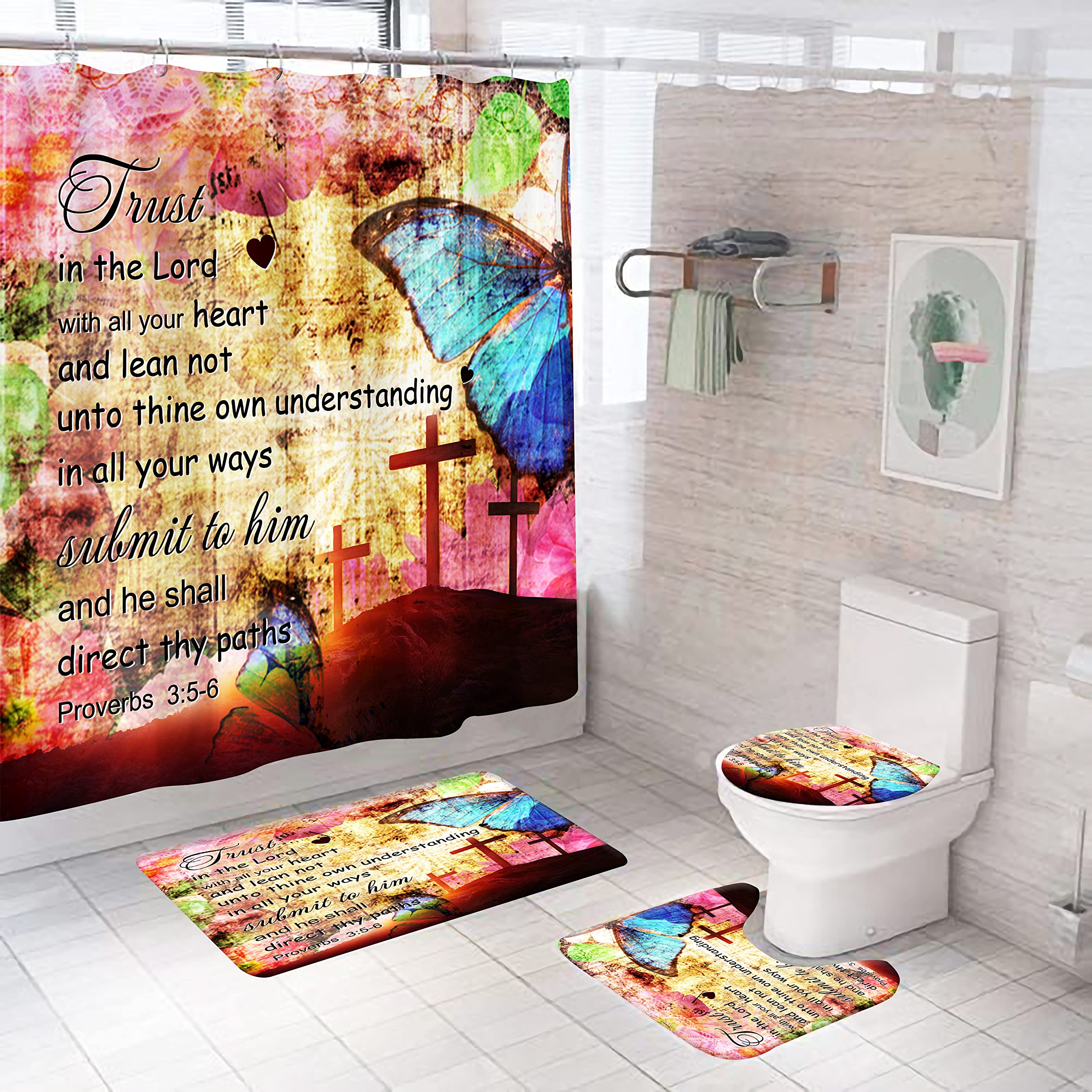 4-Piece Christian Bible Verse Bathroom Shower Curtain Set with Non-Slip Rug, Toilet Lid Cover & 12 Hooks - Waterproof Bathroom Decor for Christian Homes, Perfect for Church Retreats & Baptism Gifts