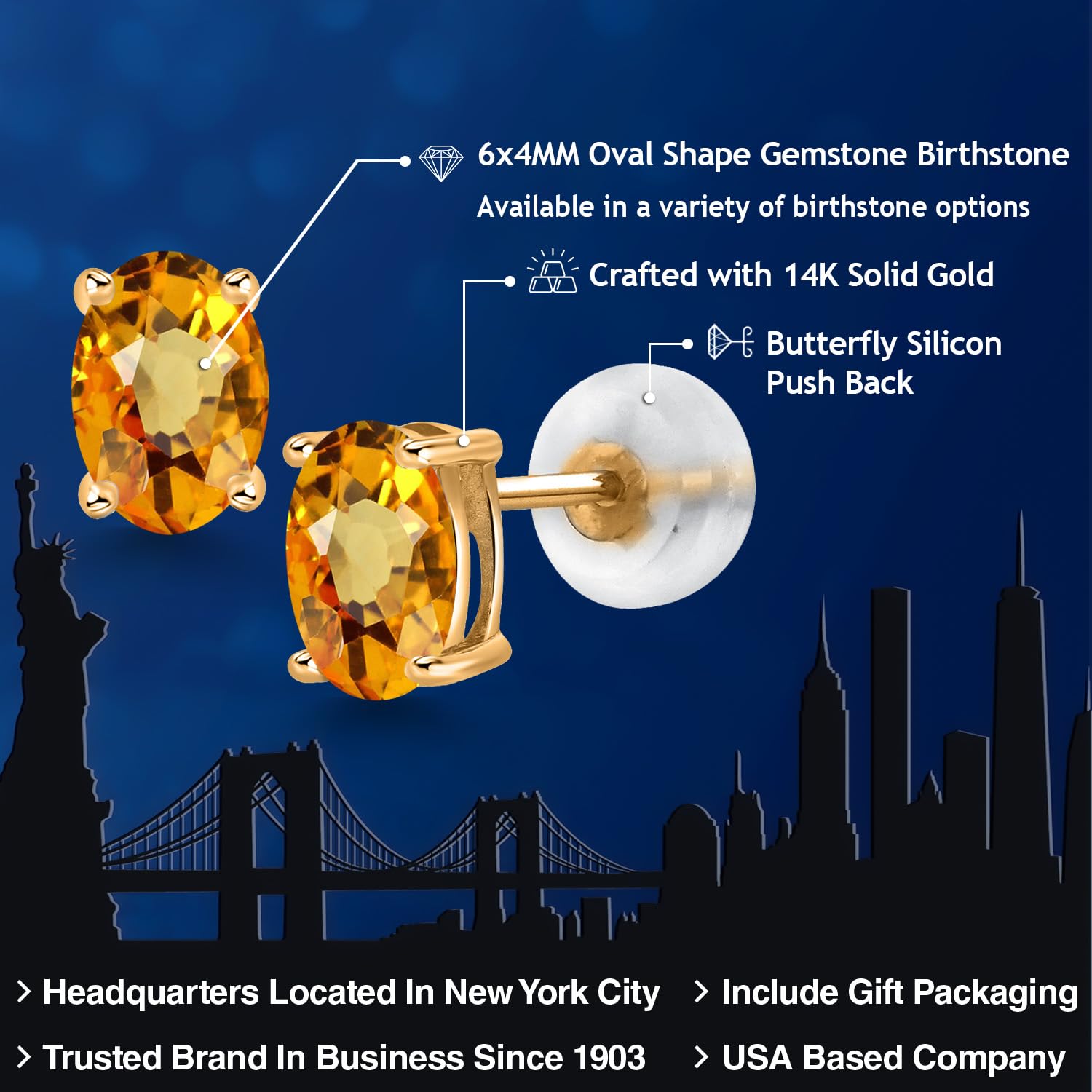Gem Stone King 14K Gold Oval Birthstone Stud Earrings for Women & Men | 6x4mm Genuine Gemstone Jewelry | Perfect Gift for Mom, Wife, Her | Elegant Everyday Wear & Special Occasion Jewelry