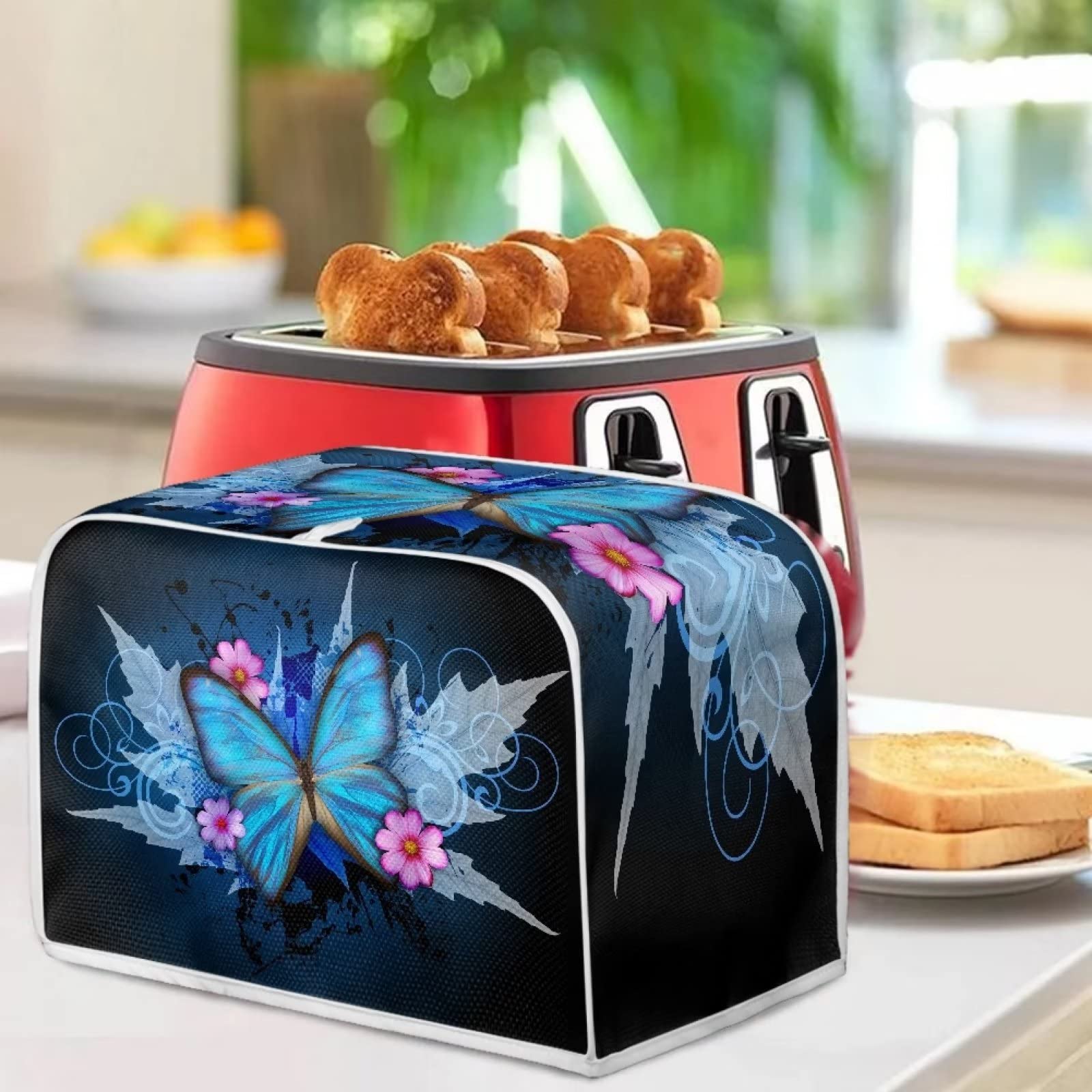Xoenoiee Blue Butterfly Toaster Cover for 4 Slice Toasters - Washable Dust Protection Bag with Top Handle, Floral Leaf Pattern - Perfect for Kitchen Countertop, Small Appliance Protection & Home Decor