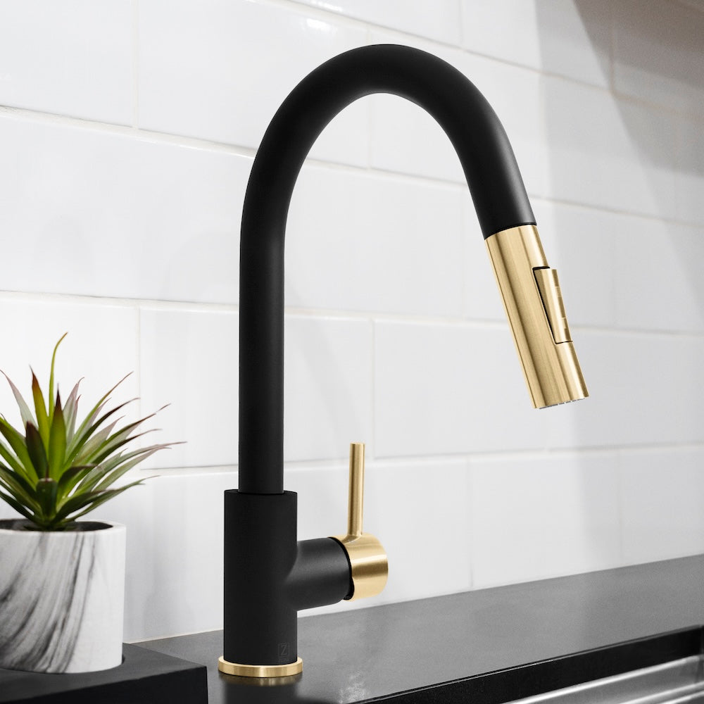 ZLINE Autograph Edition Gemini Pull Down Single Handle Matte Black and Champagne Bronze Kitchen Faucet - Perfect for Modern Farmhouse & Industrial Style Kitchens (GEM KF ZMBCB)
