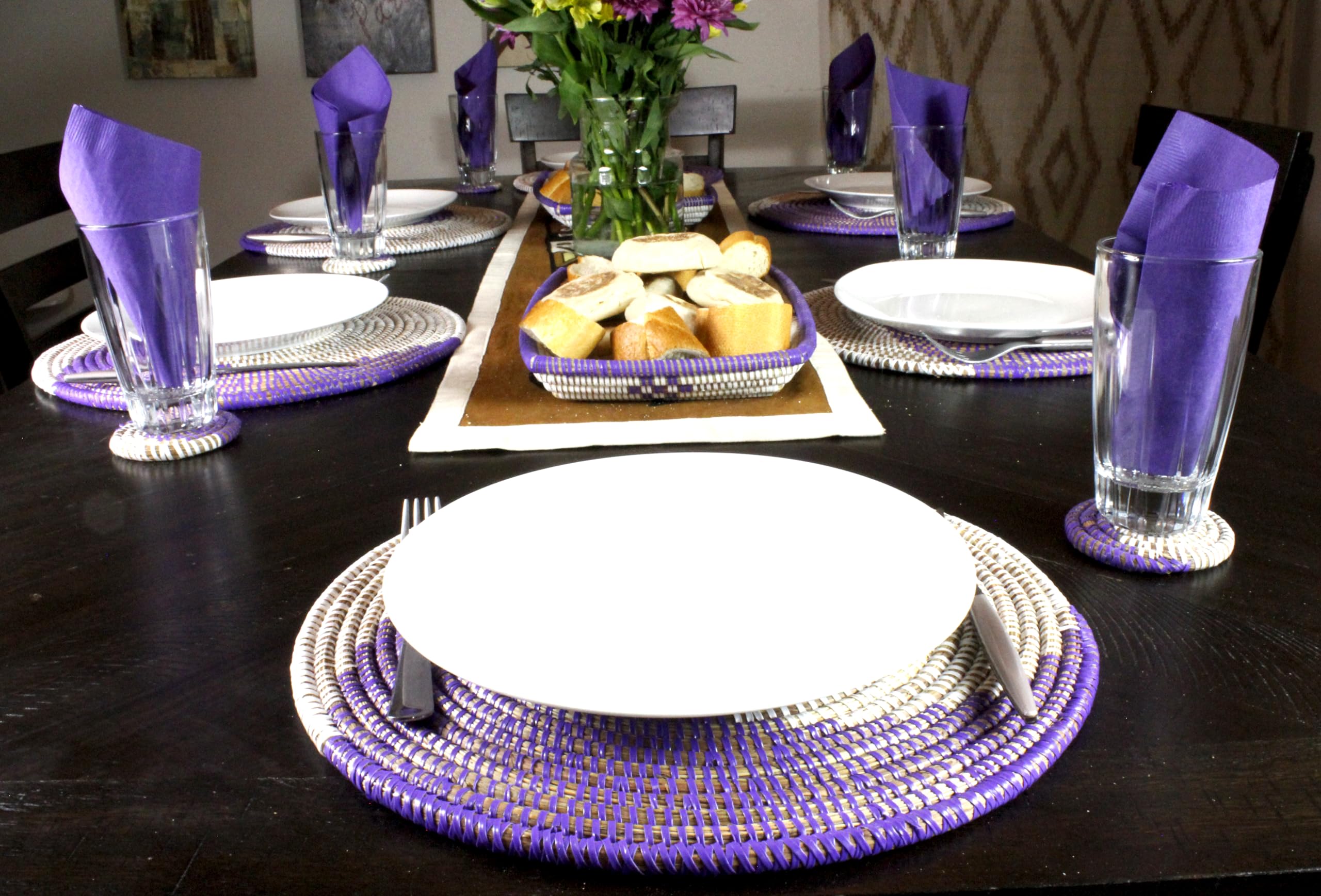 Handwoven African Bohemian Seagrass Placemats - Natural Round Wicker Basket Plates for Dining Table Decor | Purple & White Decorative Hanging Wall Plates | Perfect for Boho Chic Home, Farmhouse Kitchen & Coastal Style Decor