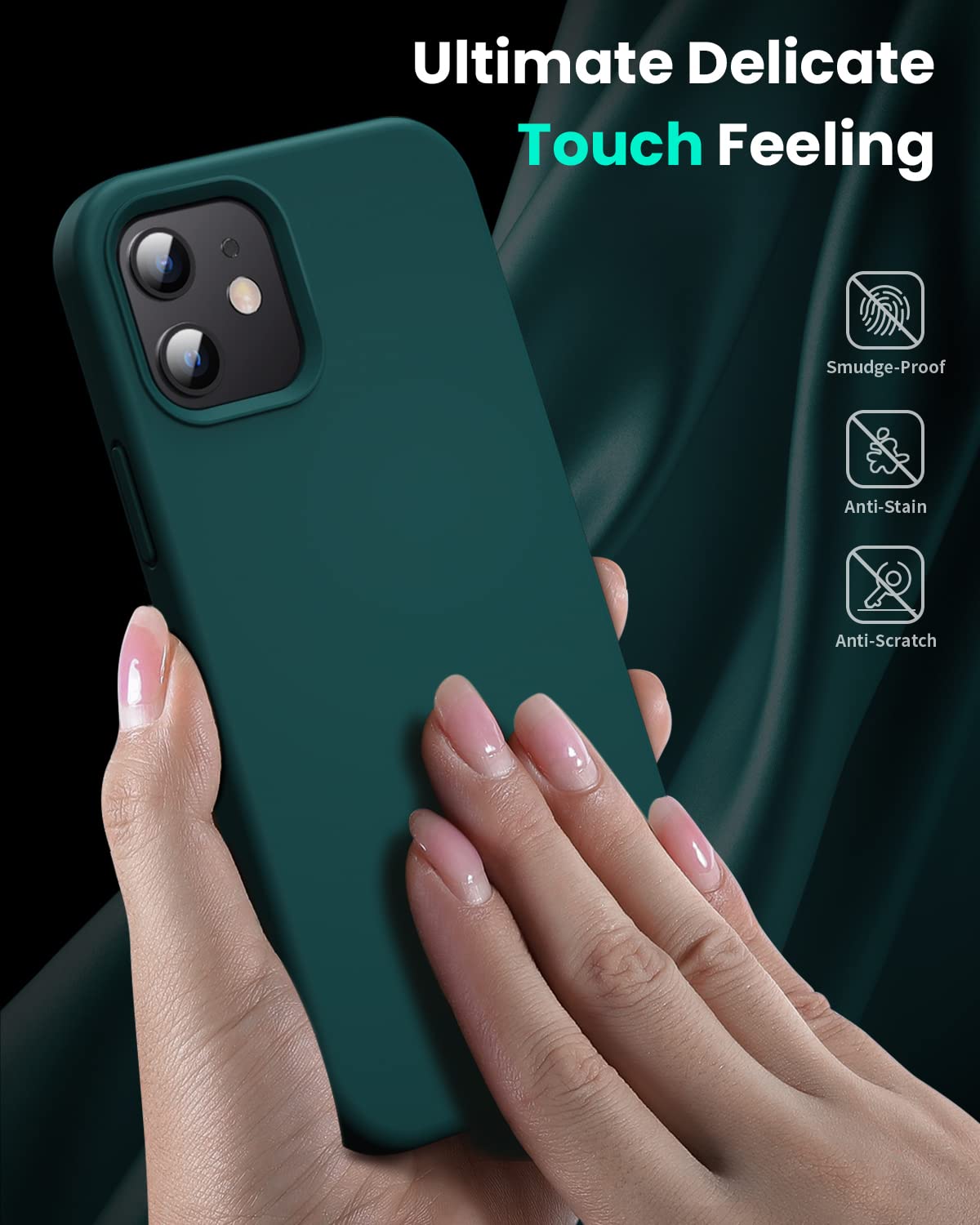 OuXul Liquid Silicone Gel Rubber Phone Case for iPhone 12/12 Pro (6.1 inch) - Slim Soft Protective Cover with Microfiber Lining | Shockproof & Scratch Resistant | Perfect for Daily Use, Work & Travel (Blackish Green)