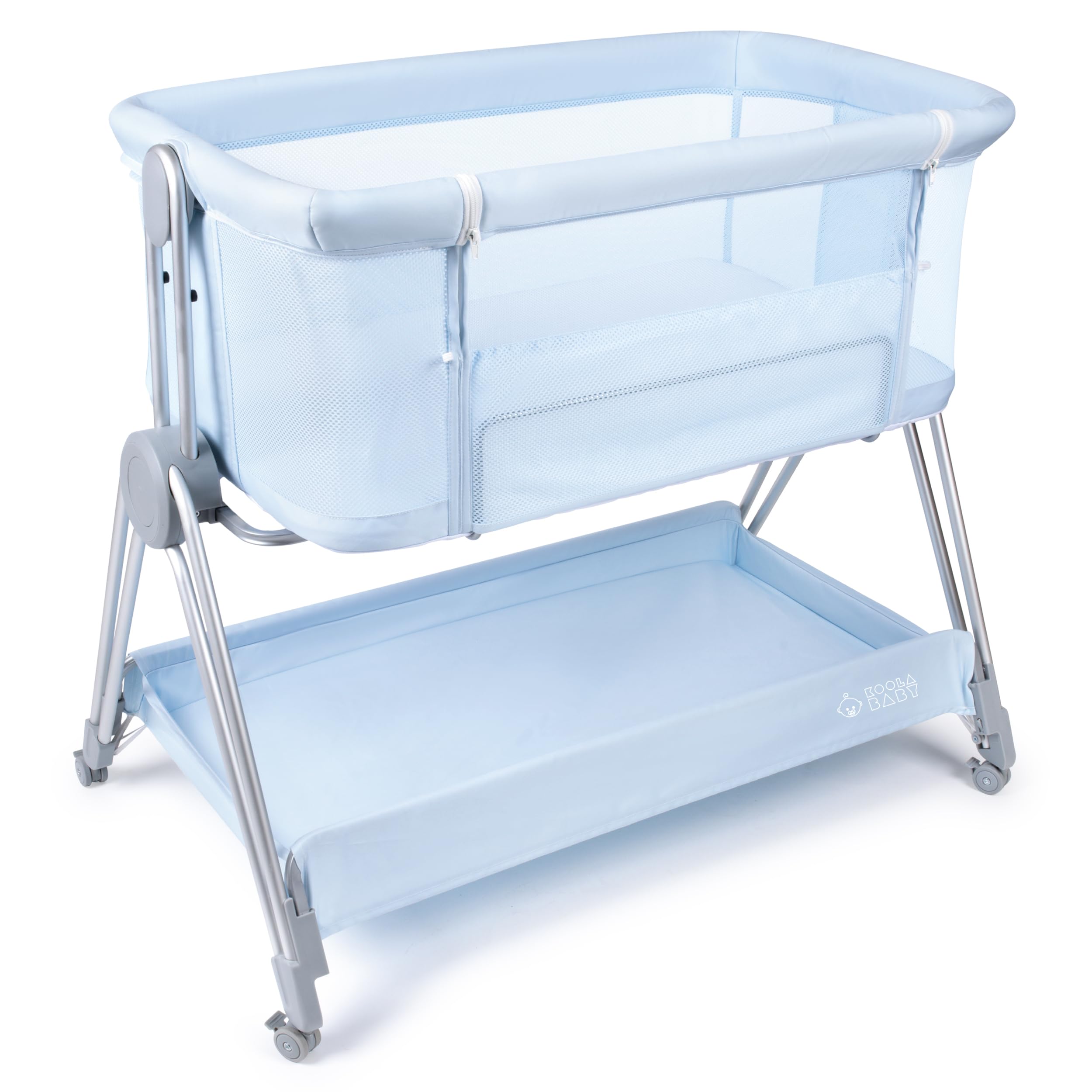 Adjustable Height Baby Bedside Sleeper & Bassinet with Wheels - Portable Foldable Crib Attaches to Parents Bed - Safe Co-Sleeping Solution for Newborns & Infants (Blue) - Perfect for Nursery, Bedroom & Travel Use