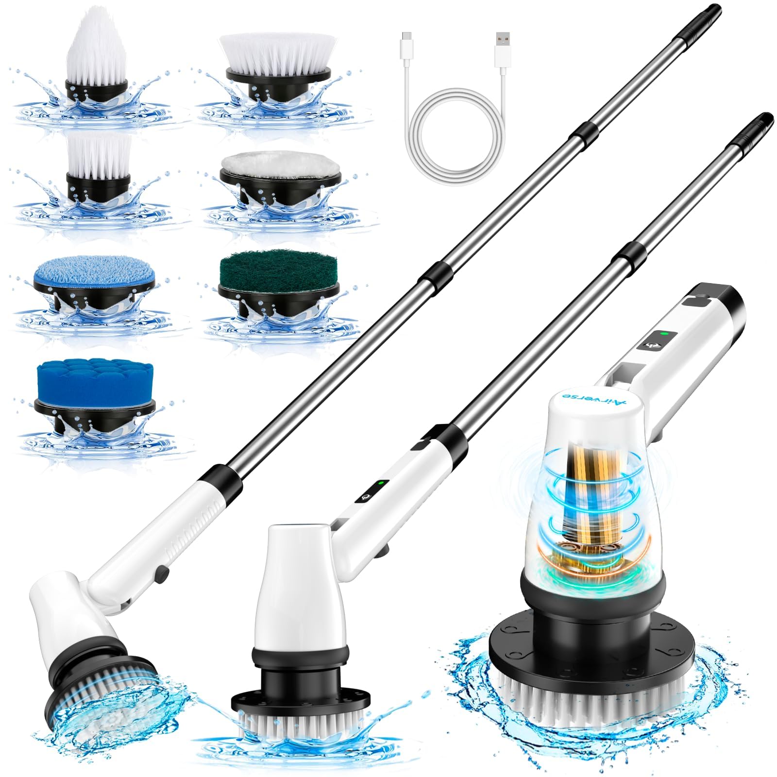 420RPM Electric Cleaning Brush with 7 Replaceable Heads & Adjustable Handle - Powerful Rotary Scrubber for Bathroom, Kitchen, Tile, Floor, Car Detailing - Deep Clean Grout, Sinks, Showers & Hard-to-Reach Areas