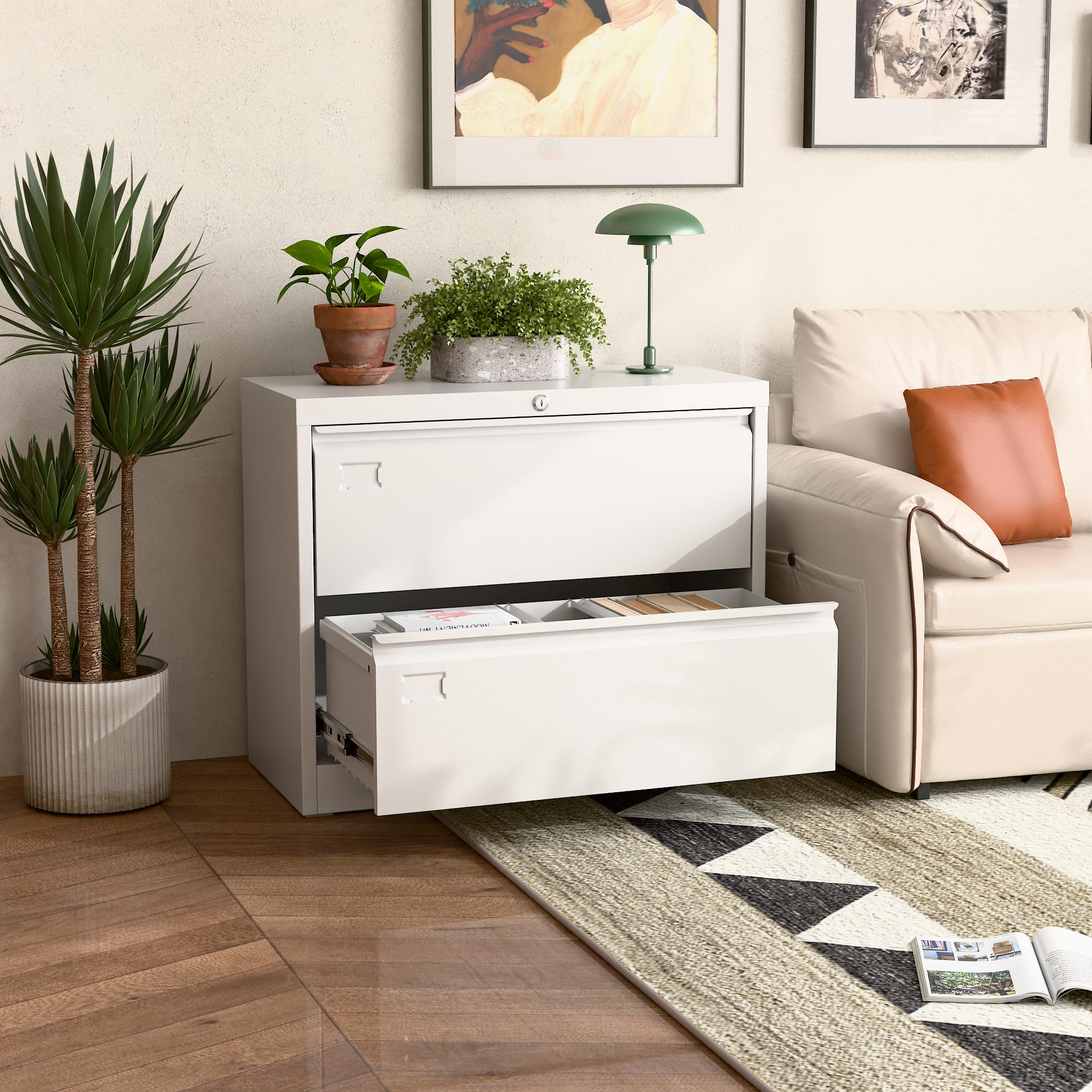 Aobabo 2-Drawer Wide Lateral File Cabinet - Lockable Metal Filing Cabinet with Name Card Slot - Letter/Legal/F4/A4 Size - White - Home Office School Organization - Easy Assembly Required - Perfect for Document Storage & Workspace Organization