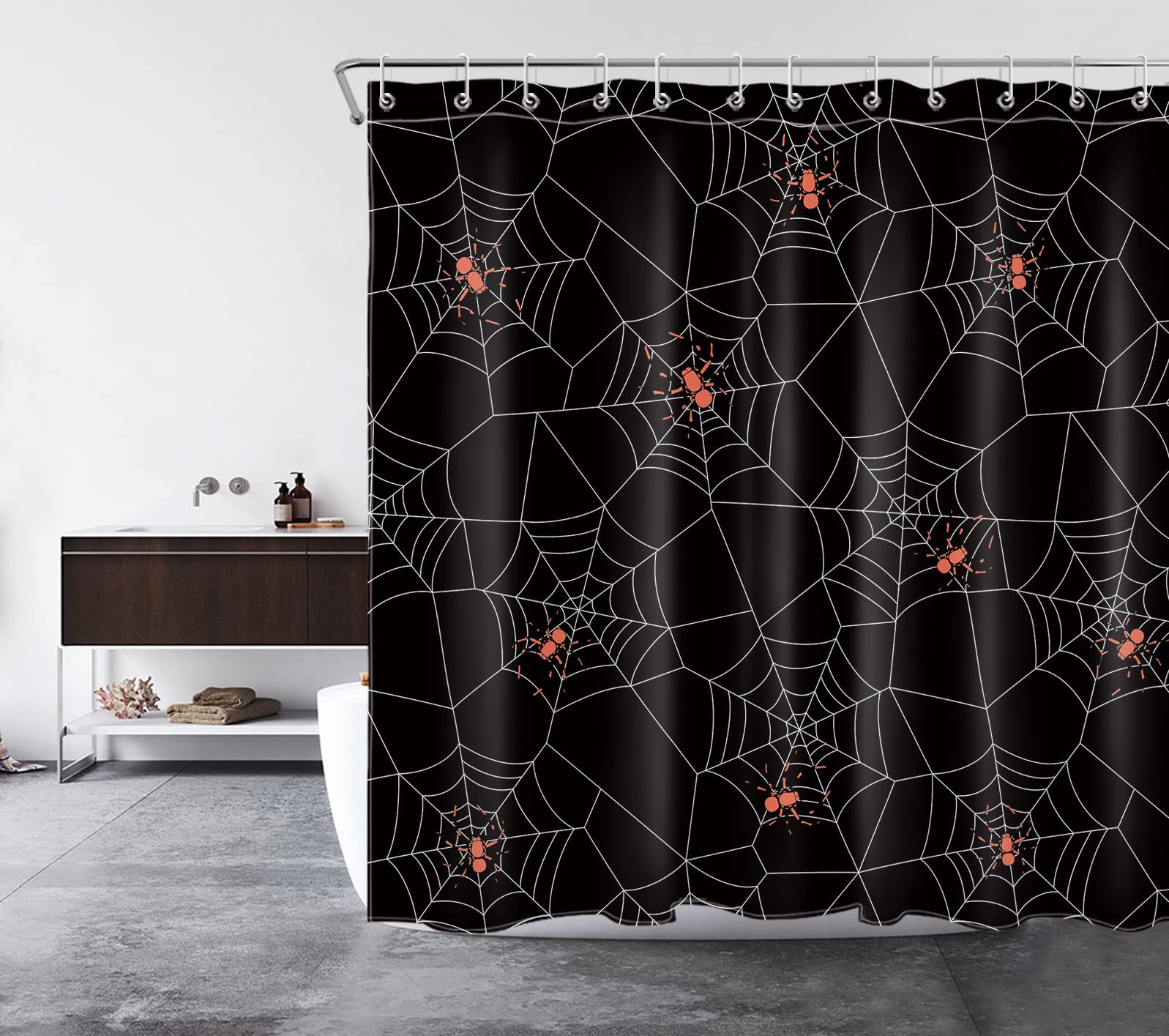 HVEST Halloween Shower Curtain - Black & White Spider Web Design, Horror Red Spider Polyester Fabric Bath Curtain with Hooks (72x72 Inches) - Spooky Bathroom Decor for Halloween Party & Haunted House Theme