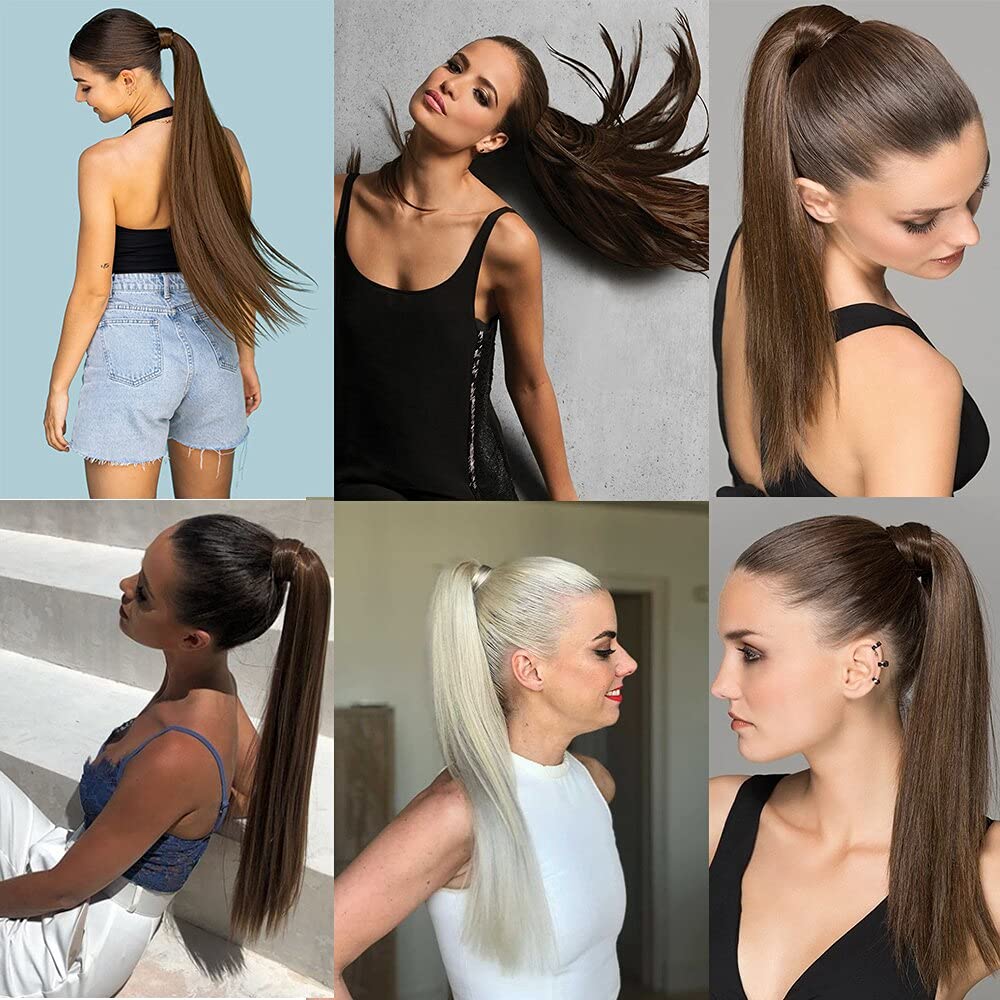 Tinashe 100% Remy Human Hair Ponytail Extension - 22inch Long Straight Clip-in Wrap Around Ponytail with Magic Paste for Women (Highlight #16/613) - Perfect for Parties, Weddings & Everyday Styling