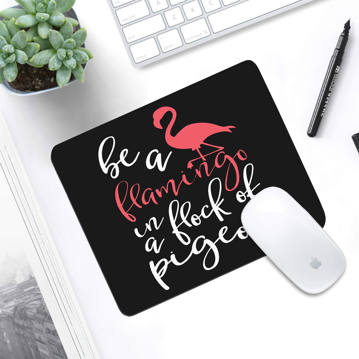 Flamingo in a Flock of Pigeons Inspirational Mouse Pad & Coasters Set - Non-Slip Rubber Base, Rectangle Desk Pad for Laptop & Computer Office Accessories - Perfect for Home Office, Gaming & Workspace Decor