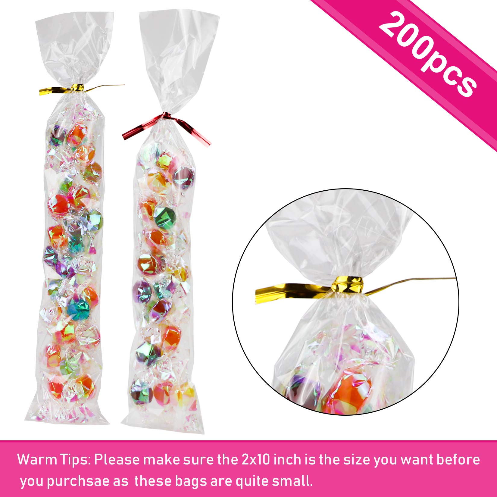 Morepack 200 Count Pretzel Rod Bags - 2x10 Inch Individual Stick Bags with Twist Ties | Perfect for Party Favors, School Snacks & Candy Buffets