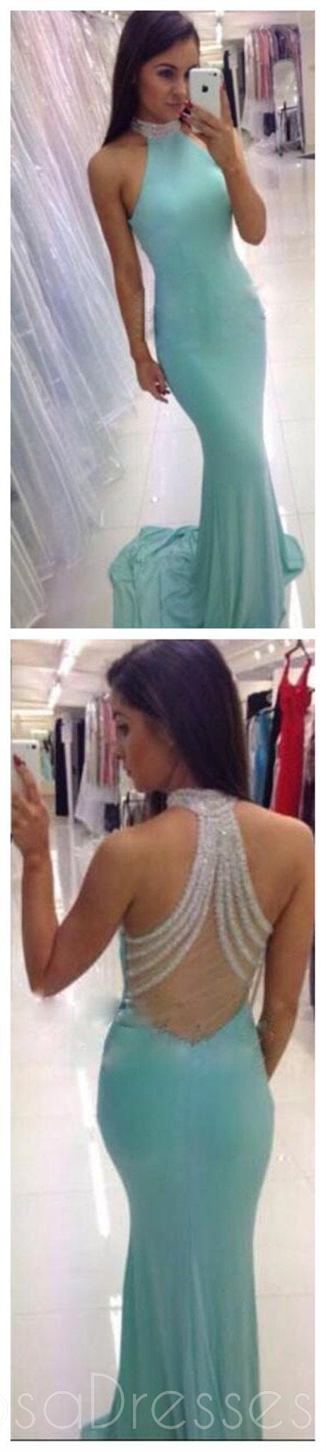 Elegant High Neck Tiffany Blue Sexy Open Back Mermaid Long Prom Dress for Women | Formal Evening Gown for Party, Homecoming, Wedding Guest | PD0030