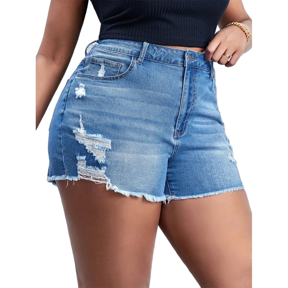 MapleHub Plus Size Women's Ripped Denim Shorts - High Waisted Stretchy Jean Shorts with Folded Hem for Summer Casual Wear & Street Style