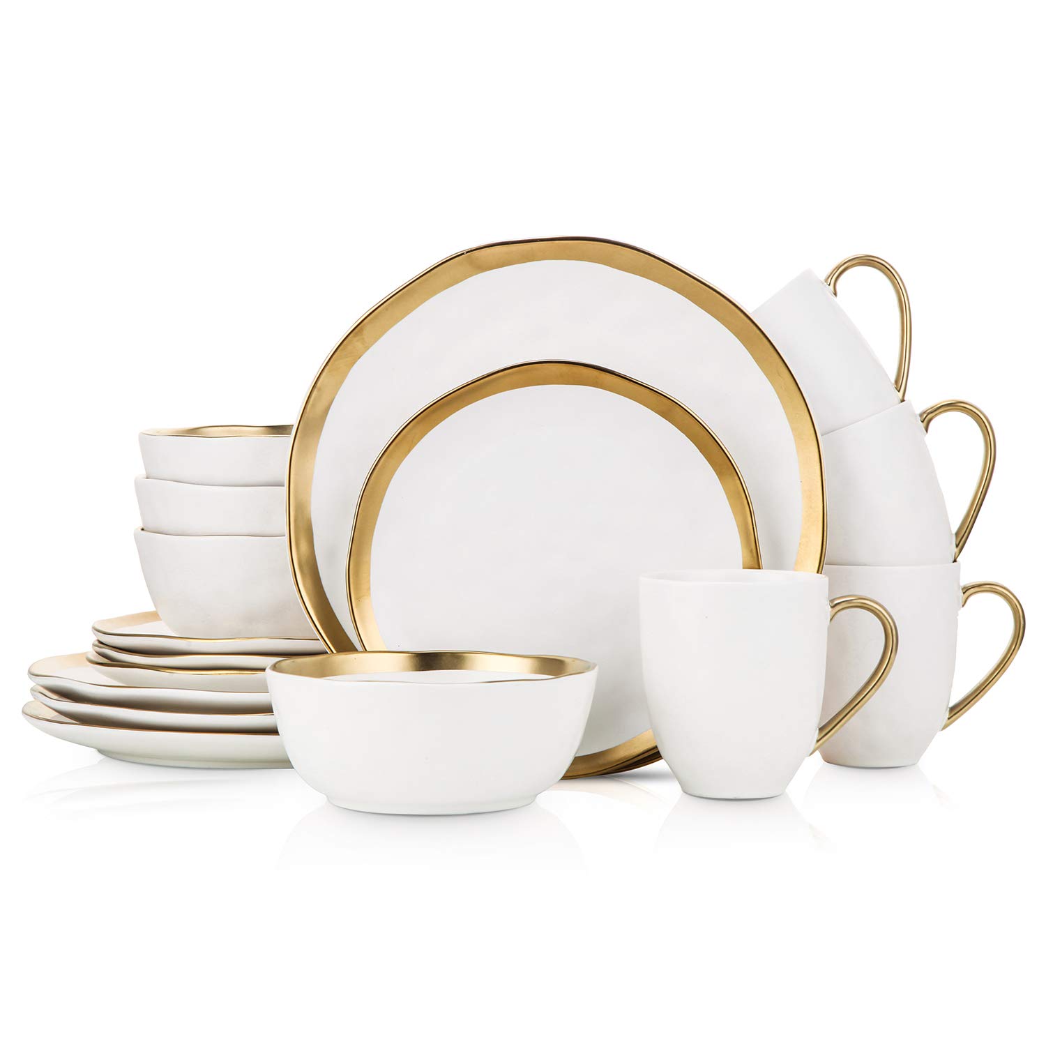 16-Piece Modern Porcelain Dinnerware Set - White & Gold Rim Plates & Bowls for 4 - Elegant Table Setting for Family Dinners, Parties & Restaurant Use