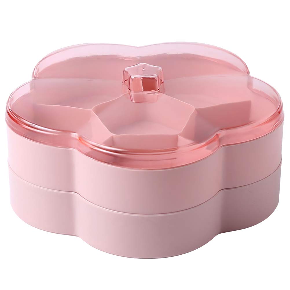 DOITOOL Transparent Airtight Snack Storage Container with Lid - Divided Compartment for Dried Fruits, Nuts, Candy, Snacks - Flower Shaped Double Layer Food Tray (Pink) - Perfect for Kitchen, Pantry, Picnics & Party Serving