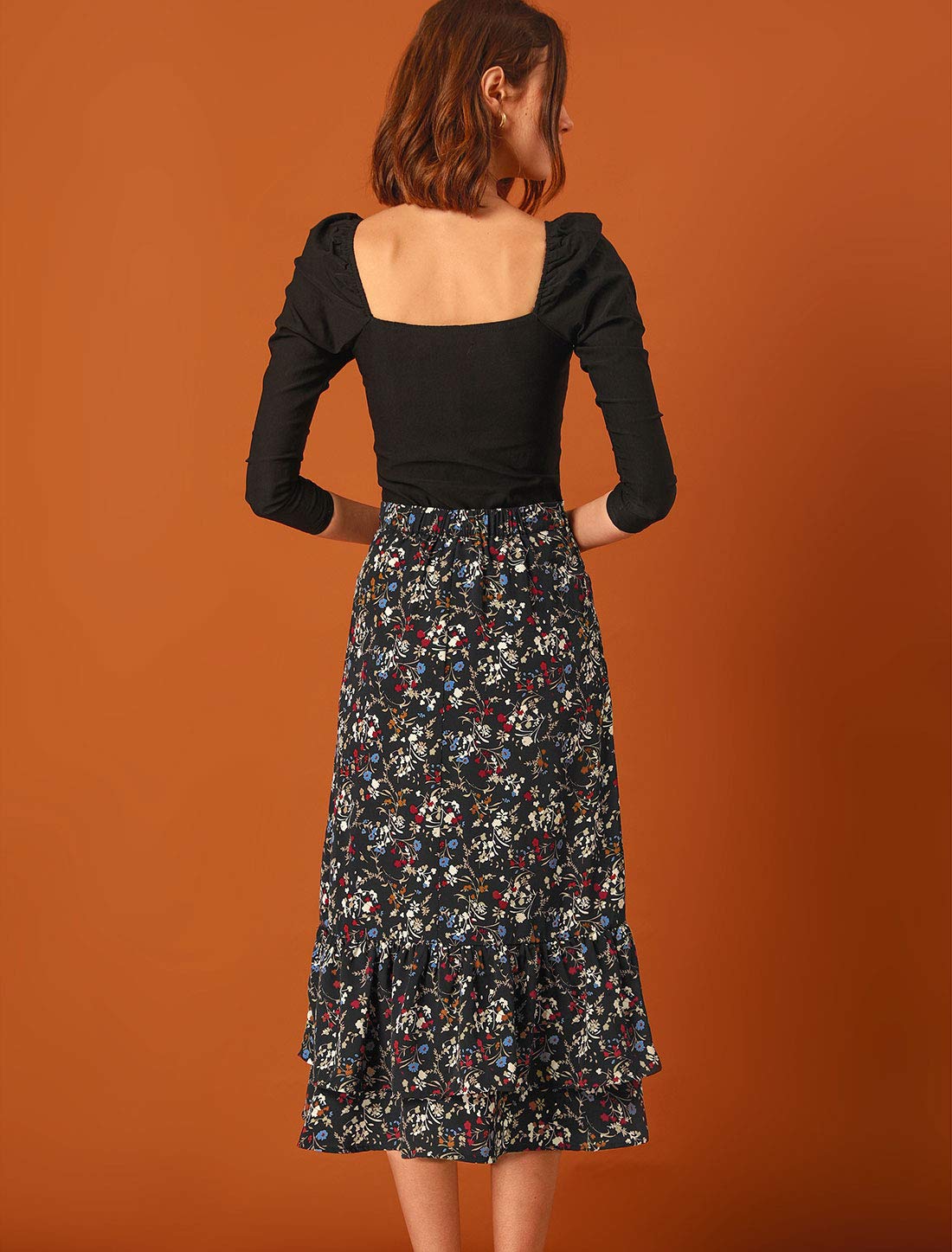 Allegra K Women's Printed Chiffon Midi Skirt - Elastic Waist, Ruffle Tiered Design, Trendy Spring Summer Flowy Skirt for Casual Outings, Beach Vacations & Date Nights