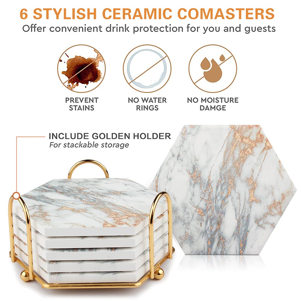 Premium Absorbent Marble Drink Coasters Set with Cork Base - 6pc Elegant Ceramic Cup Coasters with Gold Metal Holder, Rustic Home Decor for Coffee Tables, Bars & Living Room (White) - Perfect for Protecting Wooden Surfaces from Condensation & Stains