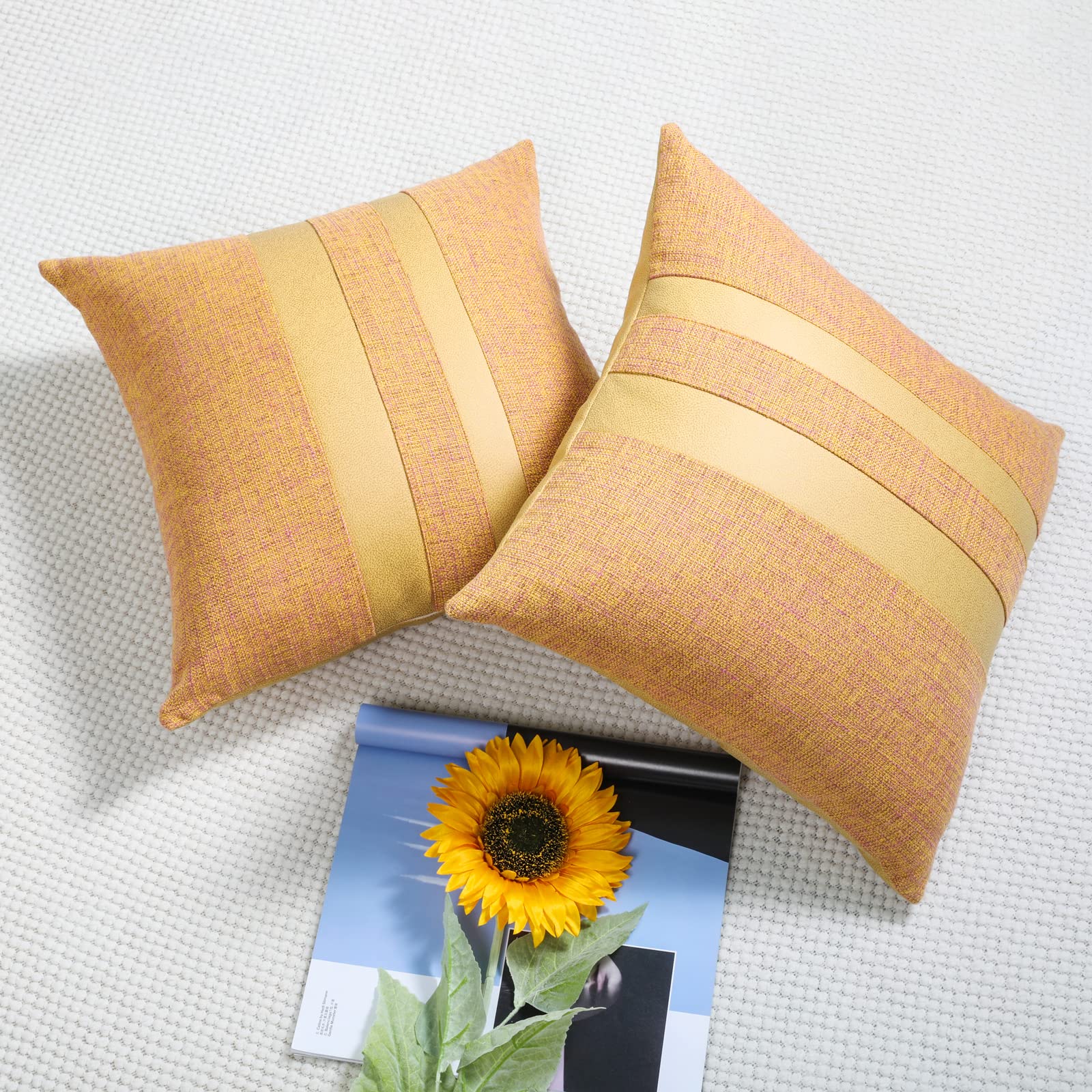 Howdy Deco Pack of 2 Linen & Faux Leather Patchwork Throw Pillow Covers - 18x18 Inch Farmhouse Striped Cushion Covers for Sofa, Couch, Bed & Living Room - Modern Home Decor in Orange | Perfect for Farmhouse, Boho & Rustic Interior Design Styles