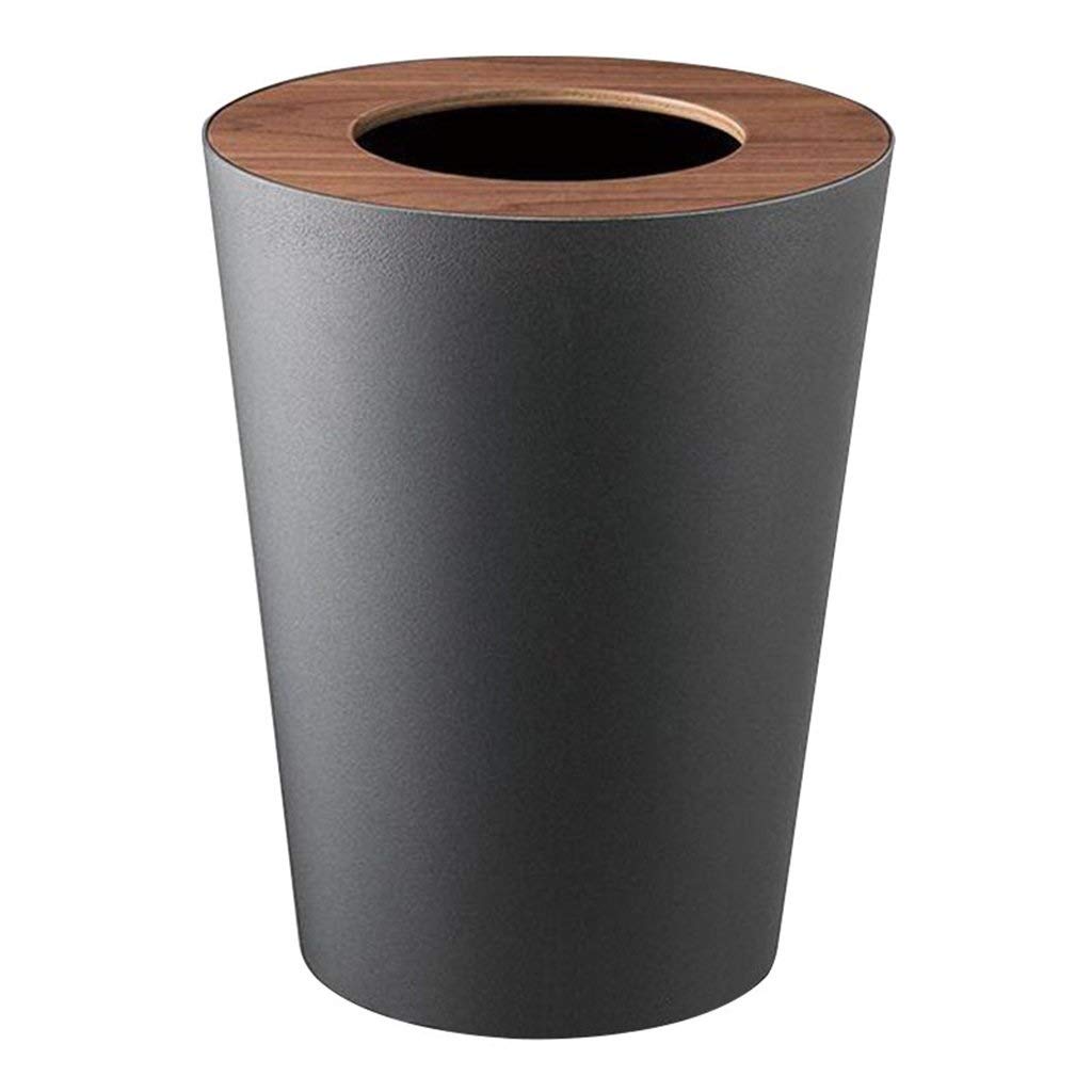 9L/2.5 Gallon Wood Grain Lid Round Plastic Trash Can - Waste Basket for Bathroom, Kitchen, Living Room & Toilet | Durable Garbage Bin with Stylish Design (Black) - Perfect for Home, Office & Commercial Spaces
