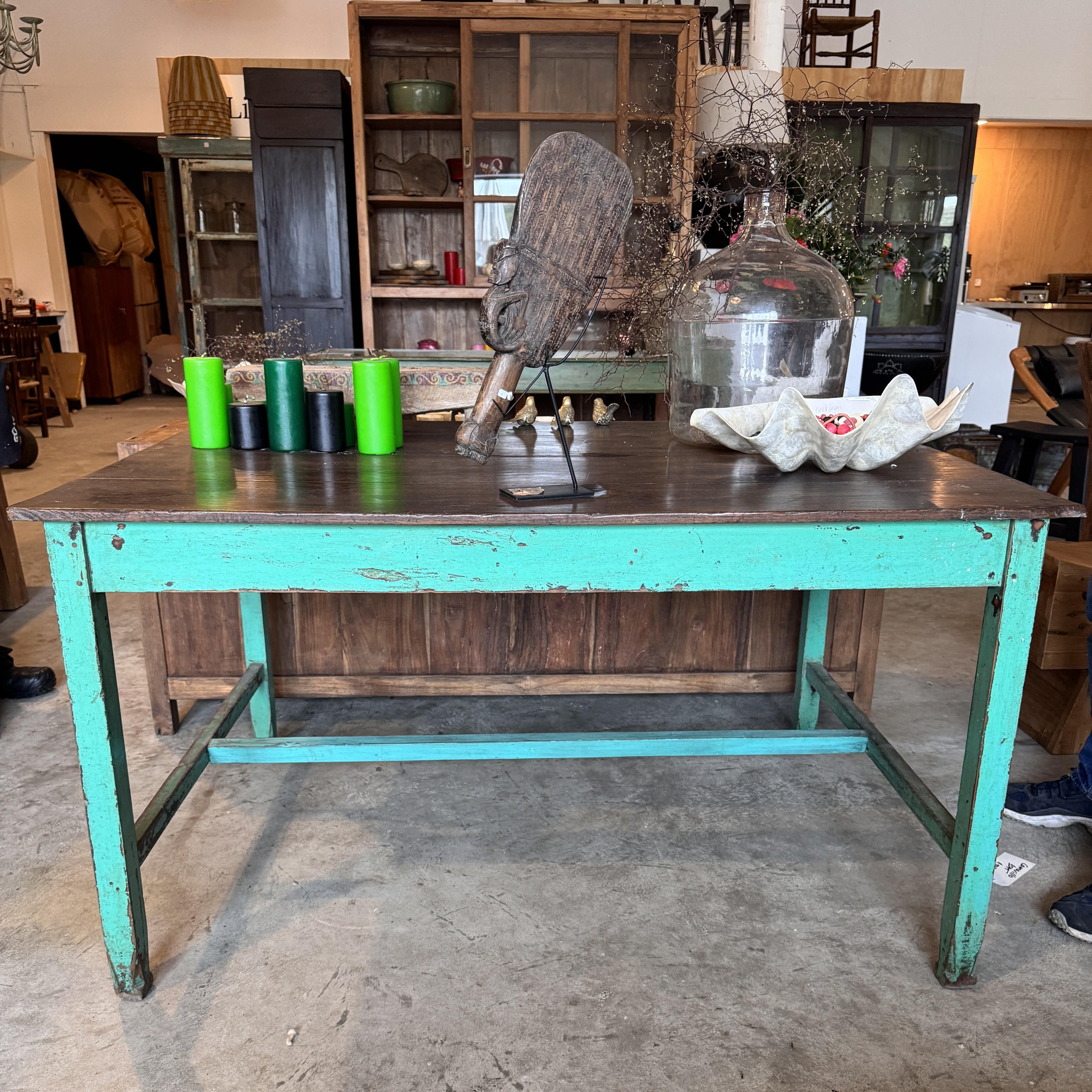 Premium Teak Wood Dining Table with Green Metal Legs - Modern Farmhouse Style for Kitchen, Dining Room & Outdoor Patio