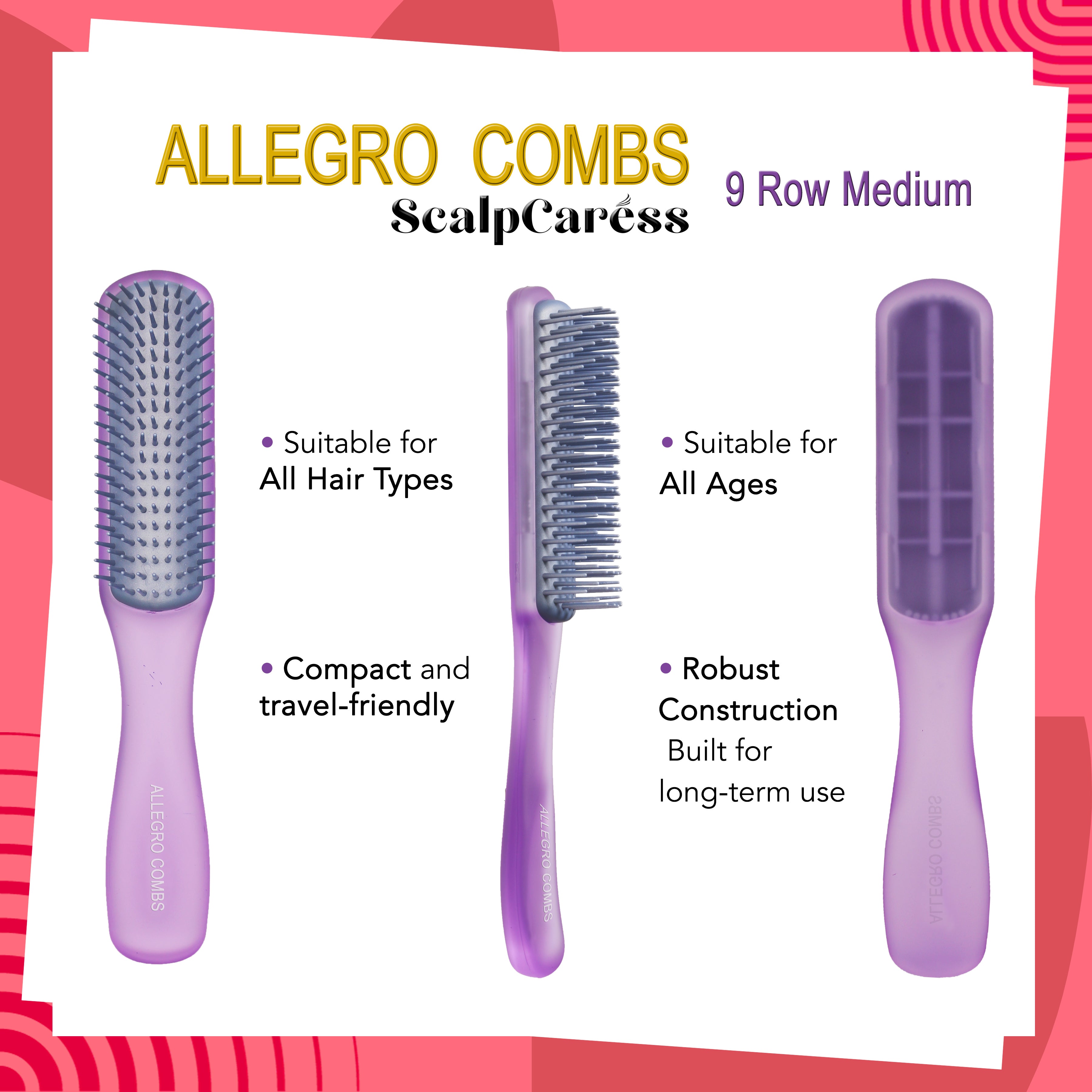 Allegro Combs ScalpCaress Detangling Hair Brush - Gentle Knot Remover for Wet & Dry Hair - Perfect for Styling, Detangling & Scalp Massage at Home or Salon