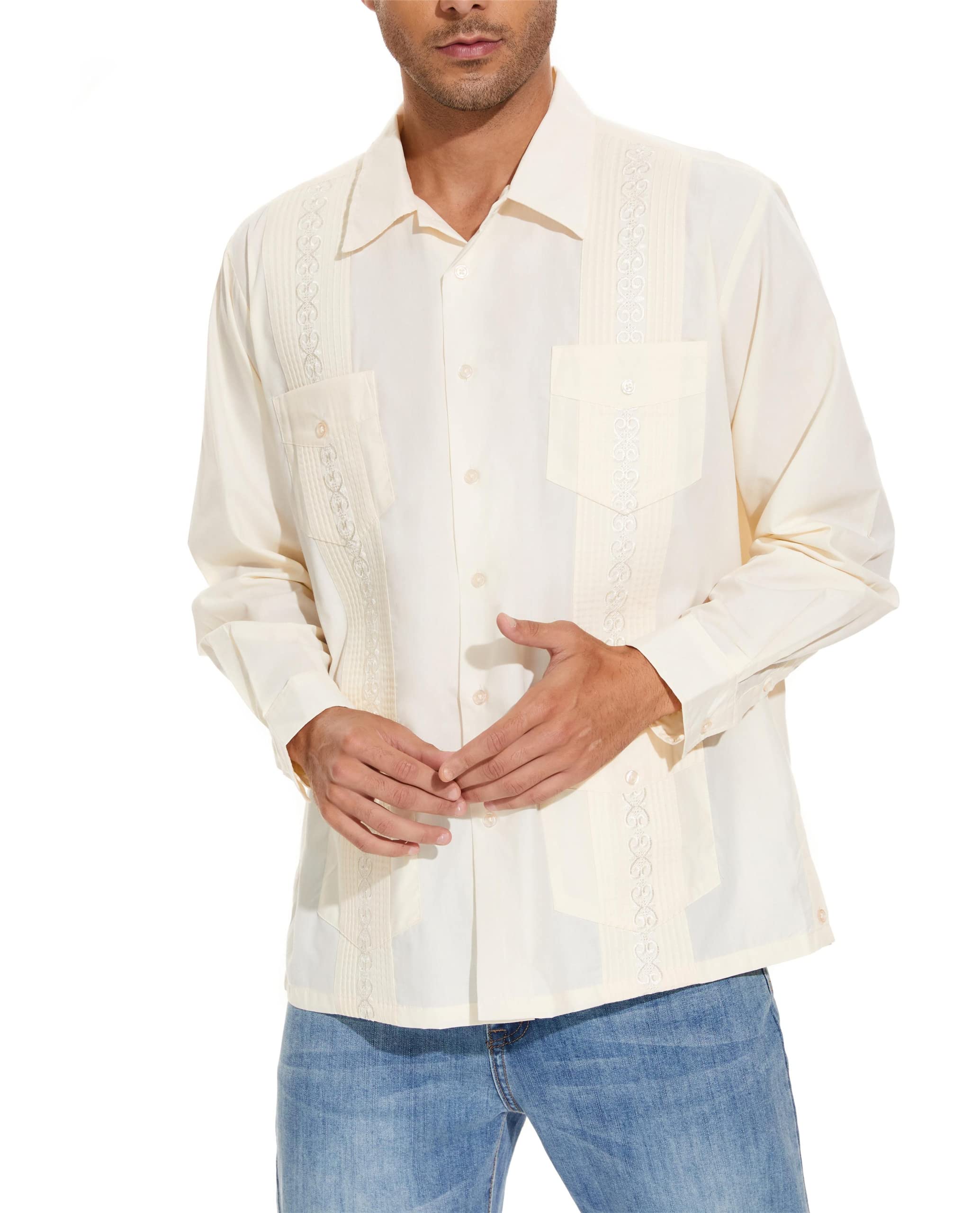 MAXJON Men's Long Sleeve Guayabera Shirts - Cuban Style Casual Button Down Shirts for Men | Perfect for Summer Vacations, Beach Weddings & Tropical Parties