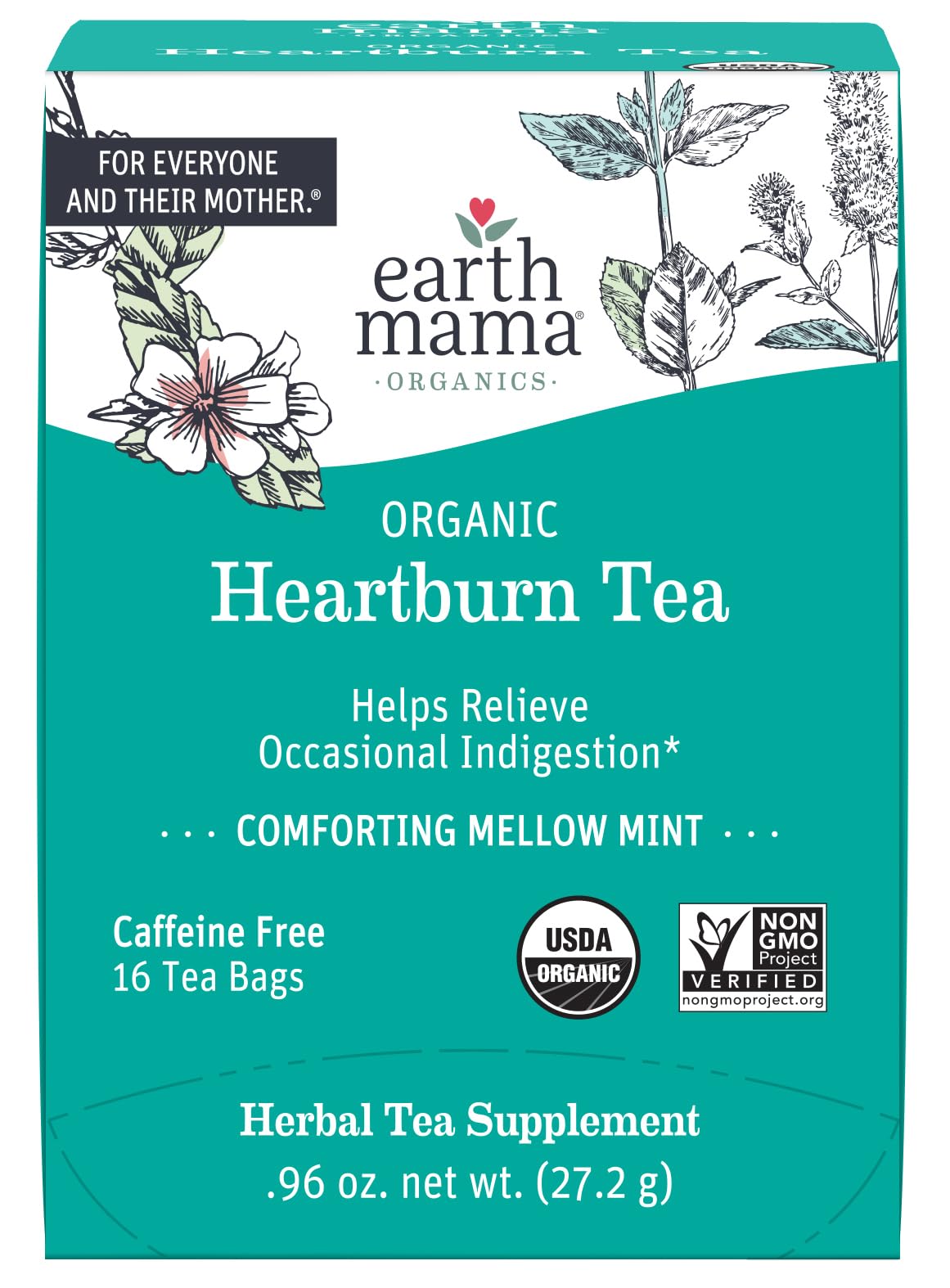 Earth Mama Organic Heartburn Tea - Pregnancy-Safe Herbal Tea with Marshmallow Root, Lemon Balm & Chamomile | 16 Count | Soothes Heartburn & Indigestion Naturally | Perfect for Expecting Moms & Nursing Mothers