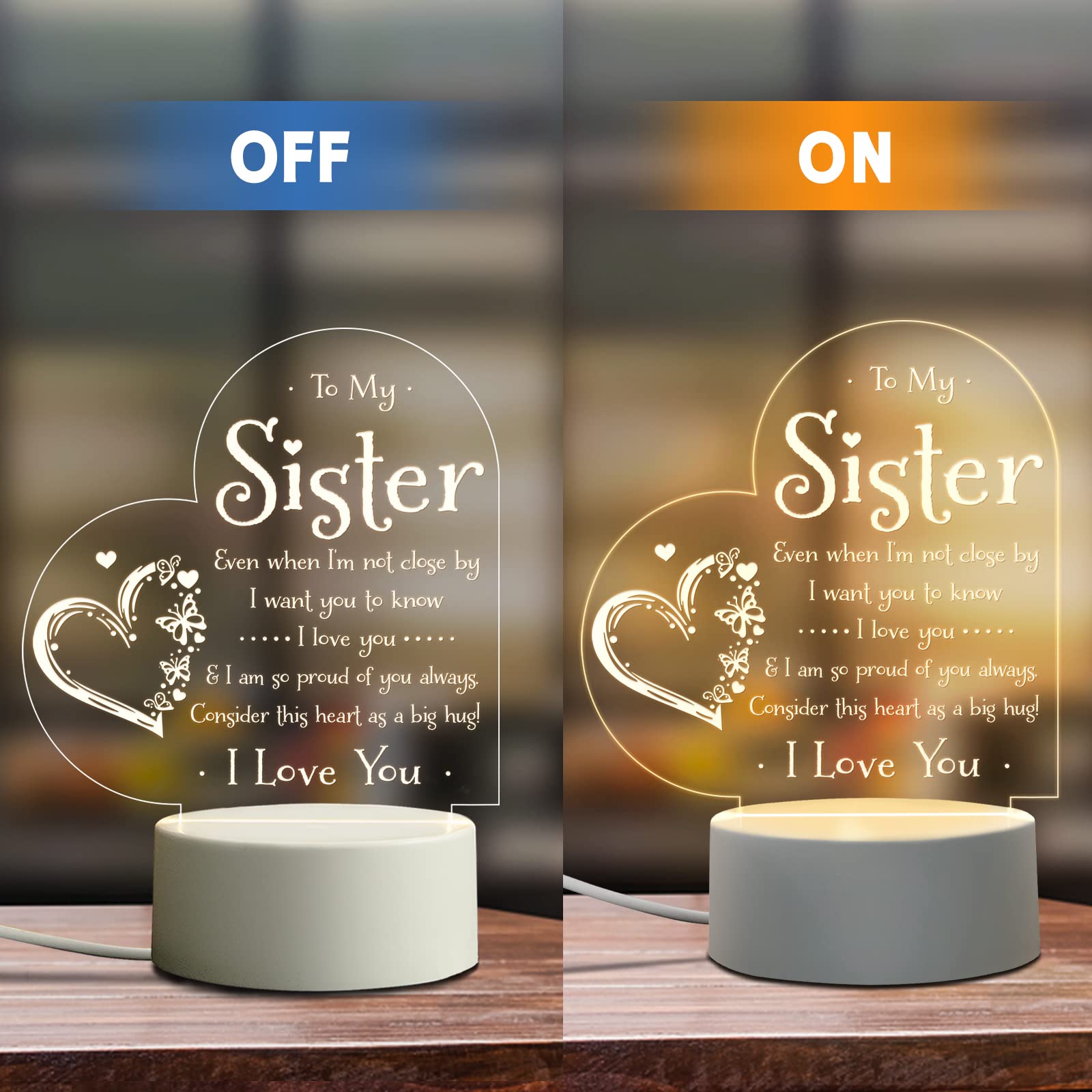 Personalized Sister Night Light - Custom Engraved Birthday Gift for Sister, Mothers Day, Graduation, Wedding & Christmas - Heartwarming Bedside Lamp for Sister from Brother/Sister - Perfect for Bedroom, Nursery & Gift Giving Occasions