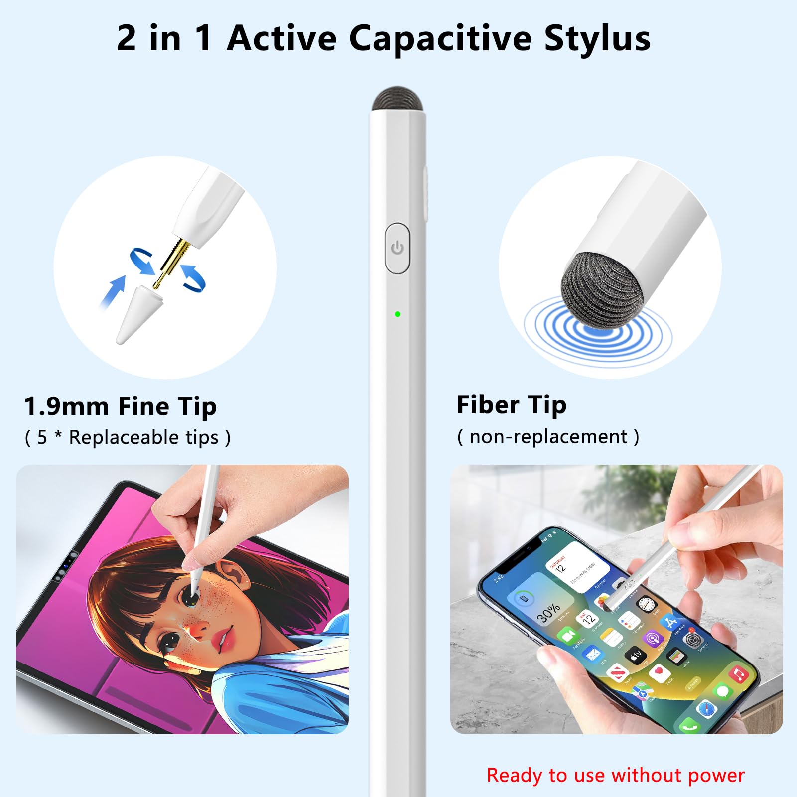 2-in-1 Active & Capacitive Stylus Pen for iPad - Fast Charging Apple Pencil Compatible with iPad Pro 11/12.9