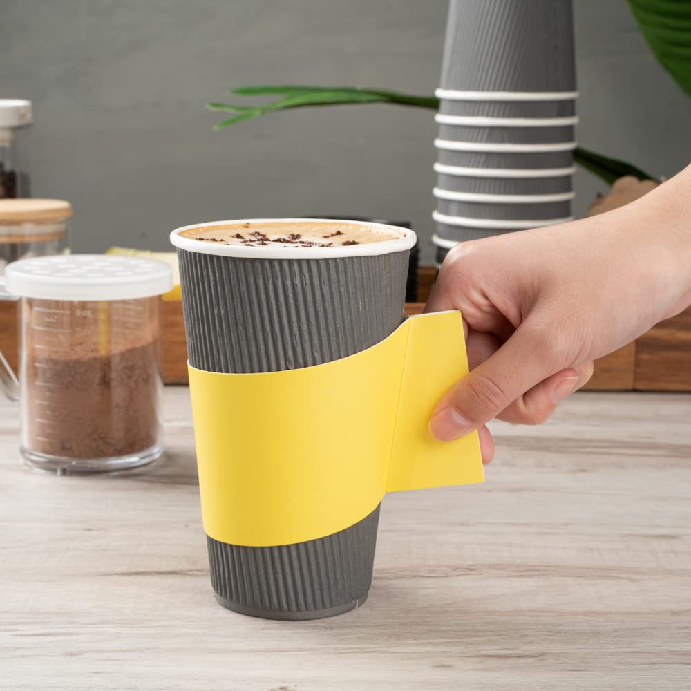 Restpresso Disposable Hot Coffee Sleeves with Handle - 1000 Pack Yellow Paper Cup Jackets for 12/16/20 oz Cups | Eco-Friendly Coffee Shop & Office Supplies for Takeout, Catering & Events