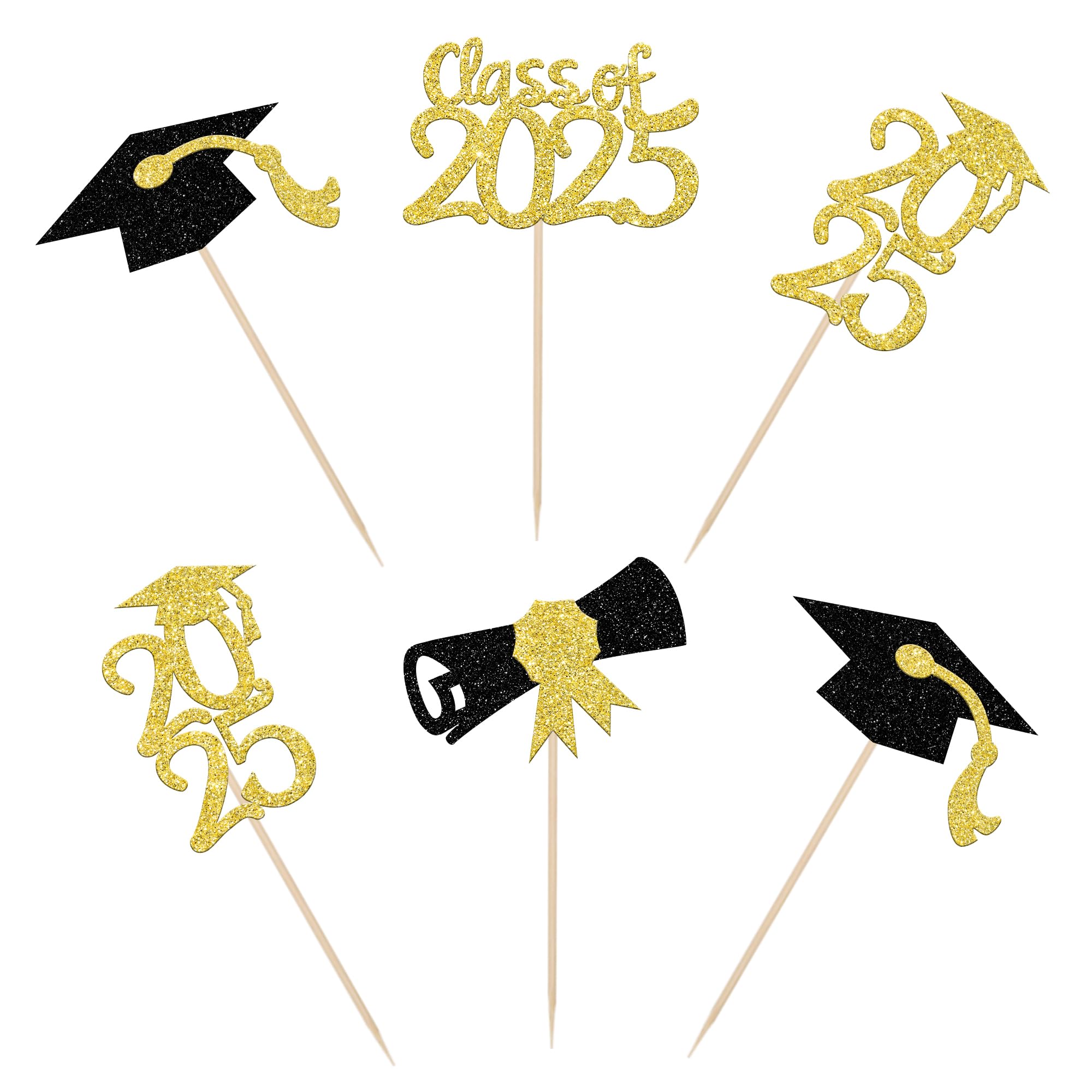 36 PCS 2025 Graduation Cupcake Toppers - Glitter Diploma & Grad Cap Decorations for Class of 2025 - Gold Cake Topper Picks for Graduation Party, School Celebration & Dessert Decor
