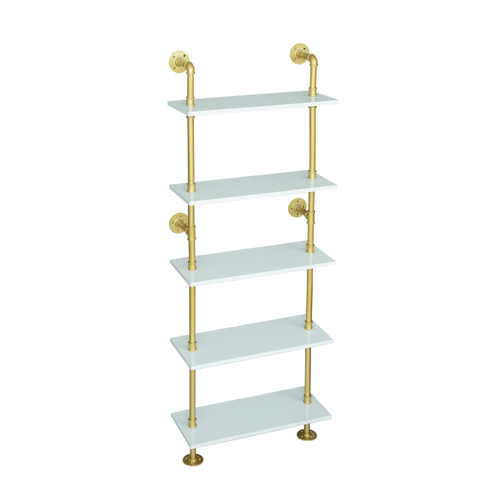 5-Shelf Modern Gold Bookshelf - Wall Mount White Bookcase with Metal Frame, Ladder Display Shelf for Living Room, Home & Office - Perfect for Books, Decor & Storage Organization