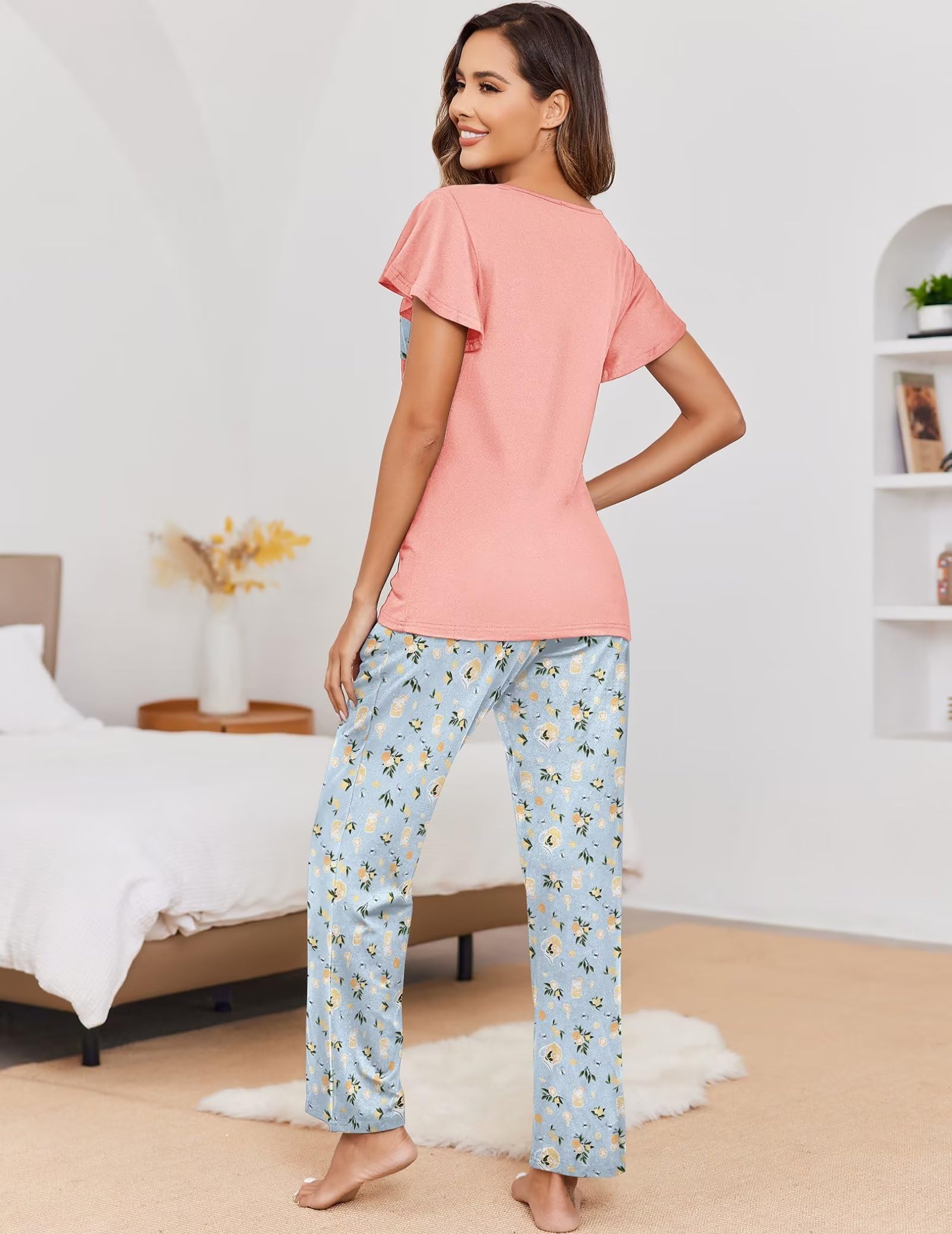 Ekouaer Women's 2-Pack Pajama Set - Soft Short Sleeve Sleepwear with Long Pants & Pockets - Cute Printed Lounge Pjs for Sleep, Relaxing at Home & Vacation Comfort