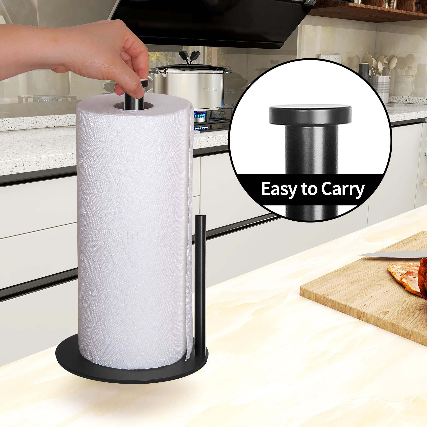 OBODING Black Stainless Steel Paper Towel Holder for Kitchen & Bathroom - Countertop Stand Fits Standard & Large Rolls (Matte Black) - Perfect for Home, Office, and Restaurant Organization