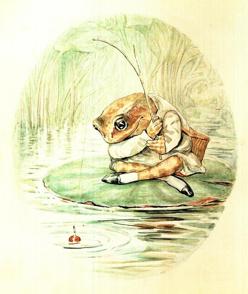 Vintage Beatrix Potter Jeremy Fisher Frog & Toad Fishing Illustration - 12x18 Laminated Kids Room Poster | British Children's Book Art | Nursery Decor, Classroom Wall Art, Baby Shower Gift