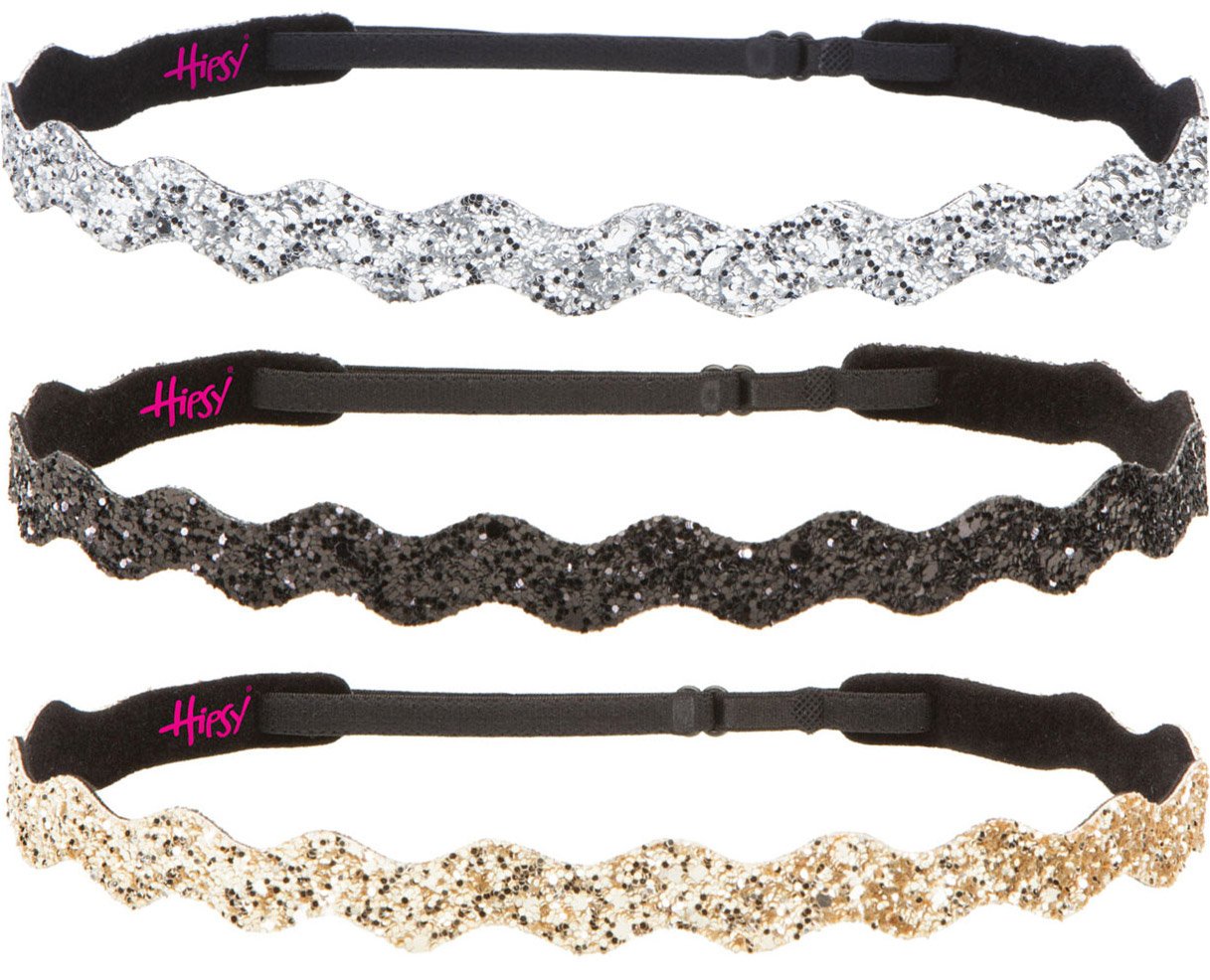 Sparkly Glitter Wave Headbands for Women, Girls & Teens – Adjustable No Slip 3-Pack (Gold/Black/Silver) | Plus Size Fashion Accessories for School, Sports & Everyday Wear