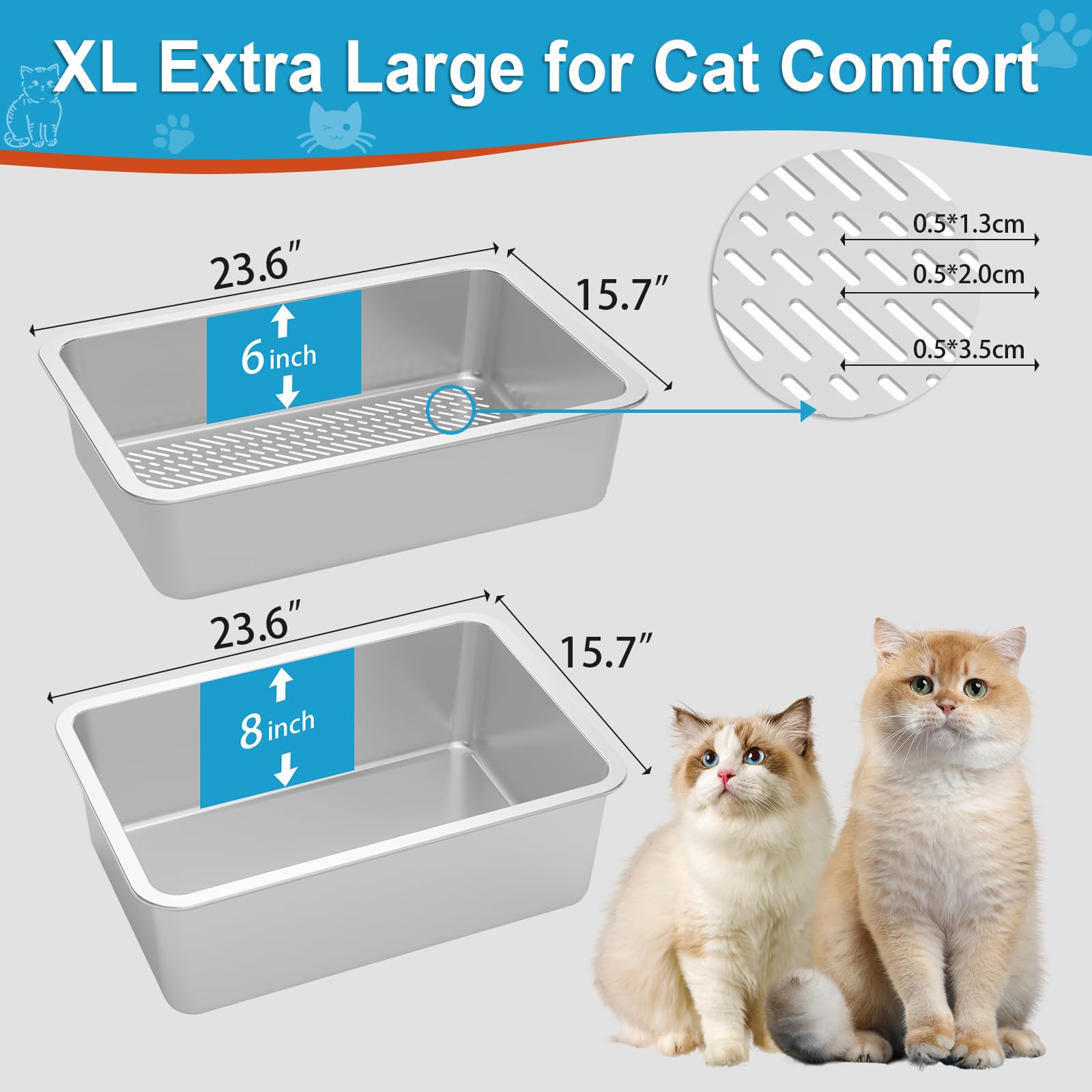 XXL Stainless Steel Sifting Litter Box for Large Cats - Metal Sifter Pan for Wood & Pine Pellet Litter - Extra Large Odor Control Cat Litter System with Scoop & Liners - Easy Clean Design for Multi-Cat Homes & Heavy Duty Use