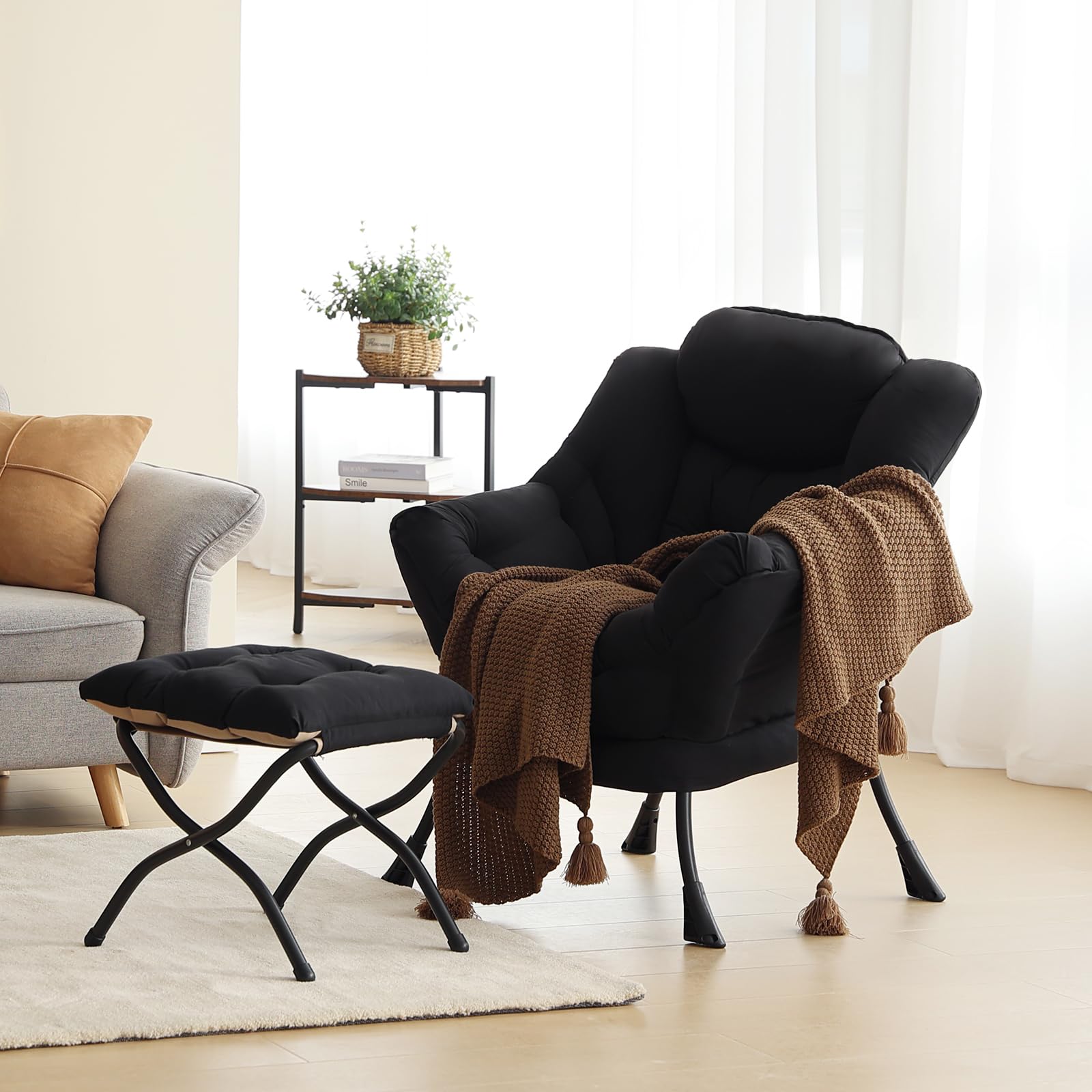 Modern Lazy Chair with Ottoman - Contemporary Lounge Accent Chair with Armrests & Folding Footstool Set - Comfortable Reading Chair for Living Room, Bedroom, Office - Perfect for Relaxing, Napping & Leisure Time (Black)