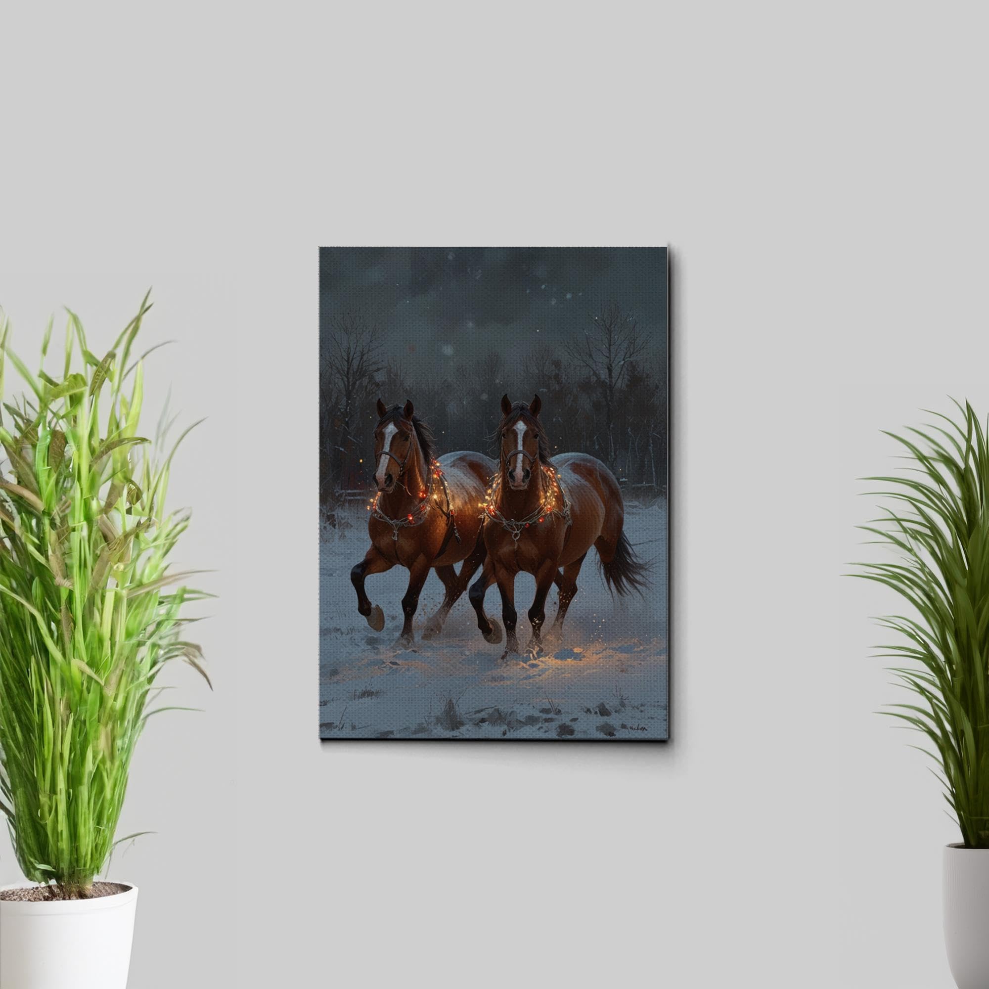 Winter Horse Sleigh Canvas Print - Snowy Christmas Wall Art Decor for Living Room, Bedroom & Office - Animal & Landscape Wall Art Print