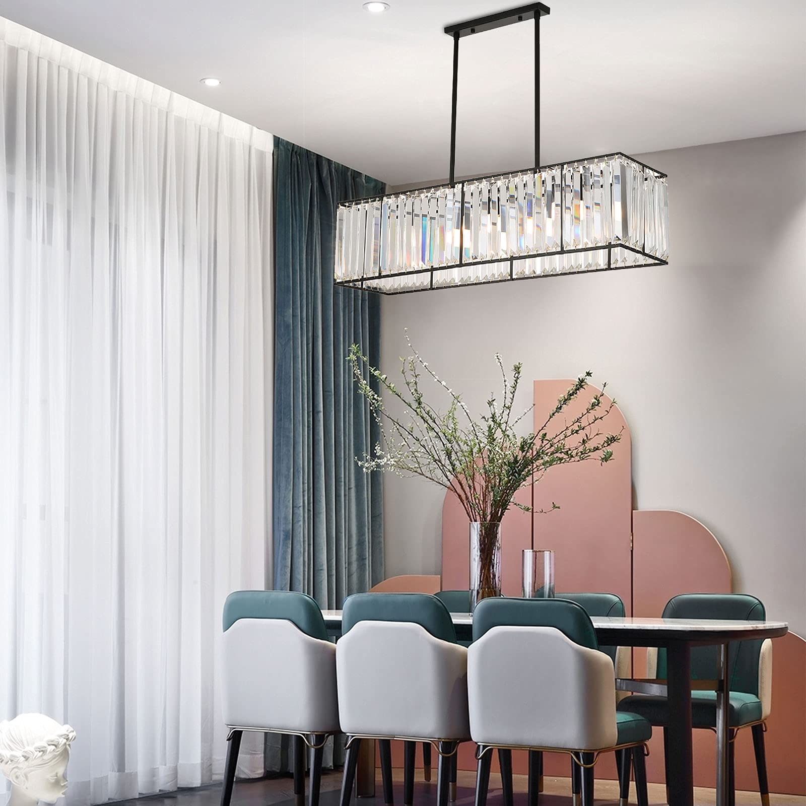 OUKANING Adjustable Rectangle Crystal Chandelier - Modern Pool Crystal Ceiling Pendant Light for Dining Room, Kitchen Island, Living Room, Bedroom, and Office