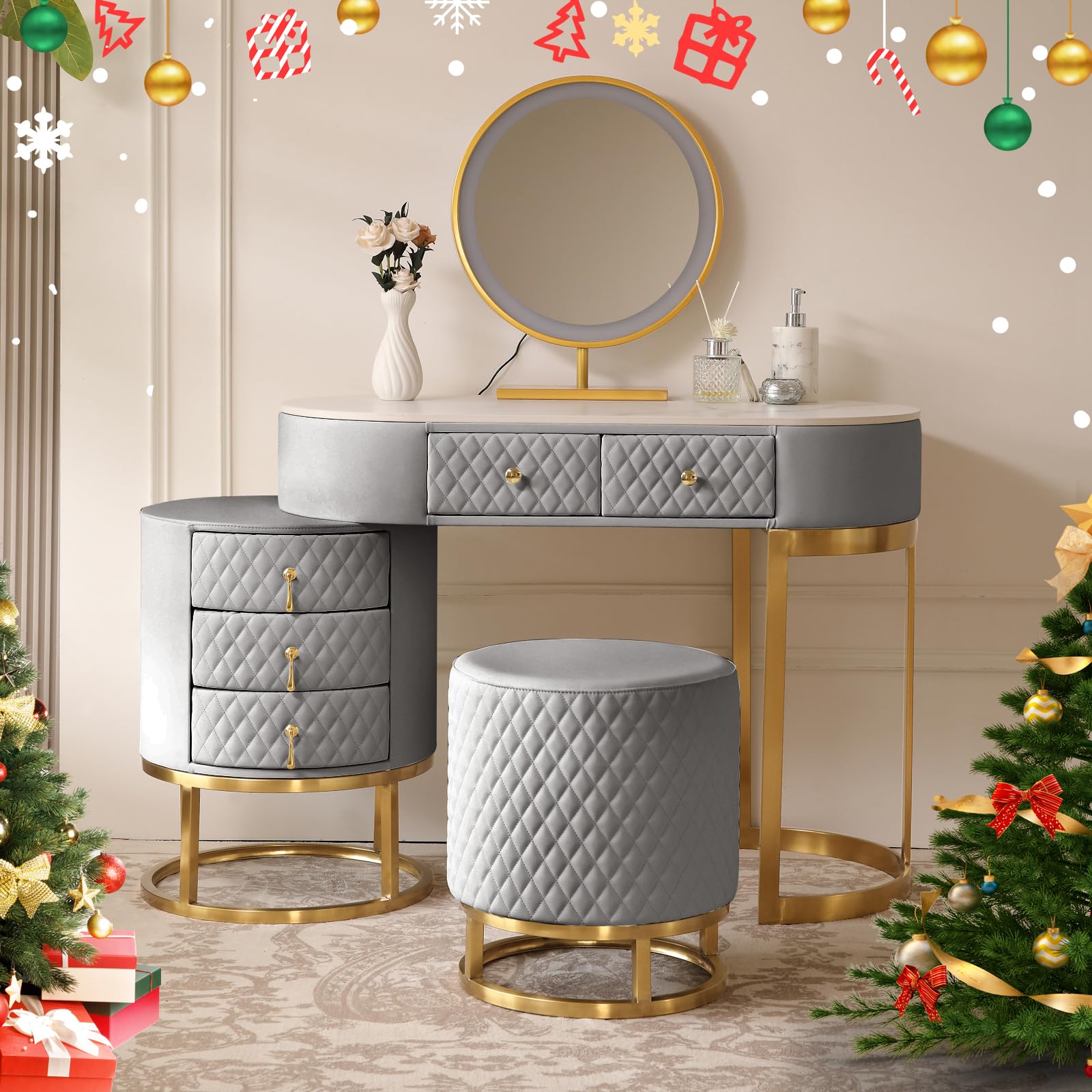 Luxury Faux Leather Vanity Desk Set with LED Mirror & Stool - Perfect for Makeup & Dressing Room