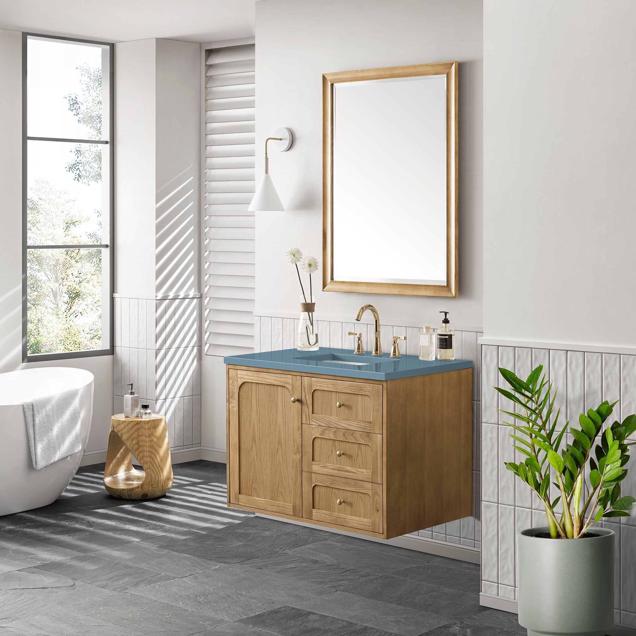 Laurent 36 Inch Single Bathroom Vanity with Light Natural Oak Finish & 3CM Cala Blue Stone Top - Perfect for Modern & Coastal Bathroom Designs