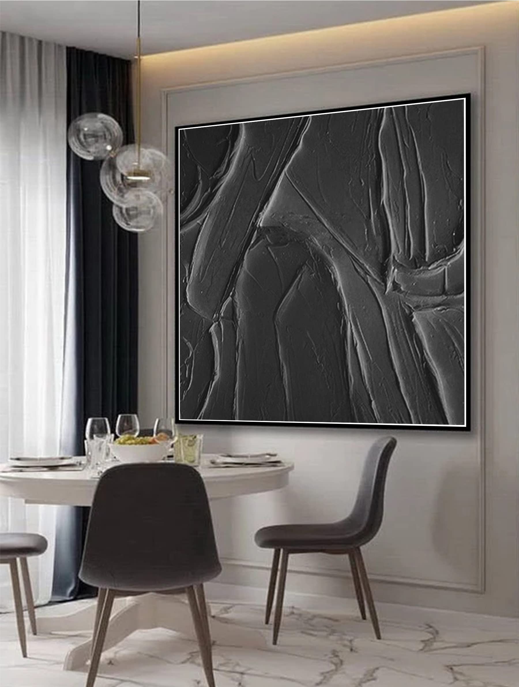 Modern Abstract Black and White Landscape Canvas Painting - 36x36 Inch Handmade Wall Art for Living Room Decor | Nordic Style Home & Office Interior Design
