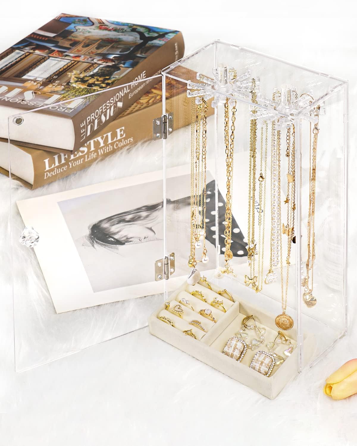 Clear Rotatable Acrylic Necklace Holder & Jewelry Organizer Display Case - Beige Velvet Tray for Rings, Earrings, Pendants & Bracelets | Perfect for Closet, Vanity & Retail Store Jewelry Display