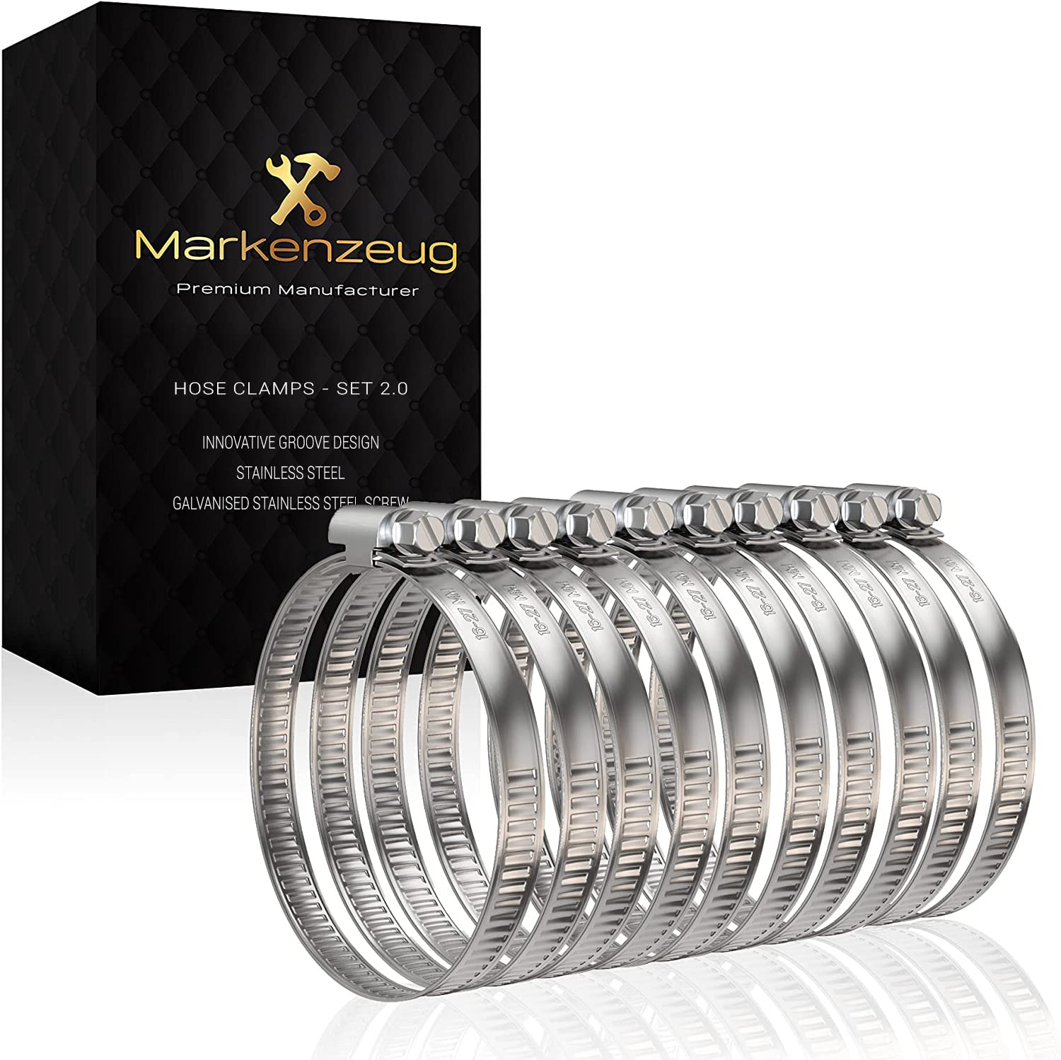 MARKENZEUG® Stainless Steel Hose Clamps Set - 10 Pcs Rustproof Pipe Clamps (16-27mm) for Washing Machine, Pool, Car & Plumbing - Heavy Duty Screw Clamps for Secure Water Hose Connections