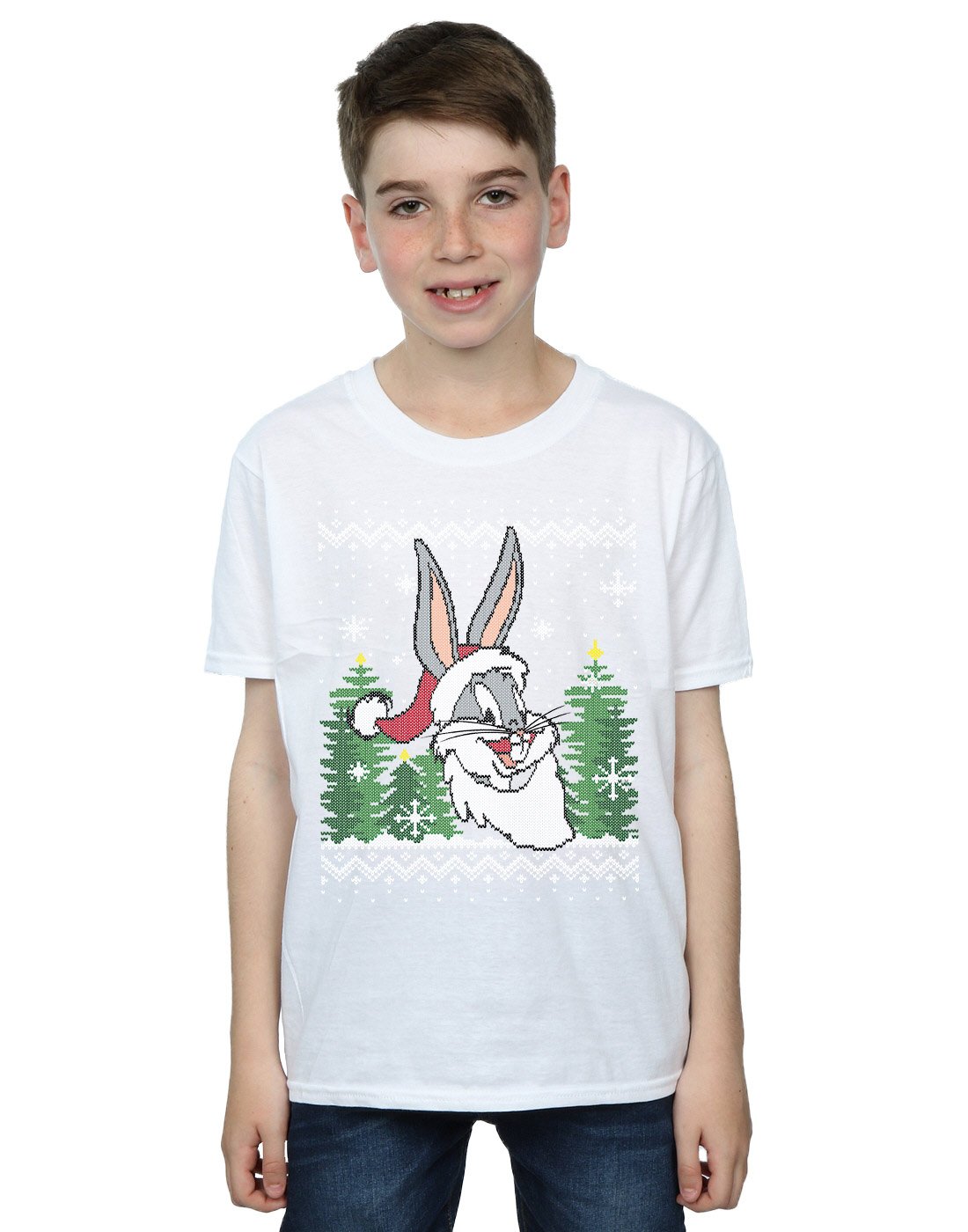 Looney Tunes Bugs Bunny Christmas Fair Isle Graphic T-Shirt for Boys (7-8 Years) - White | Holiday Gift, Winter Party Outfit, Festive Family Matching