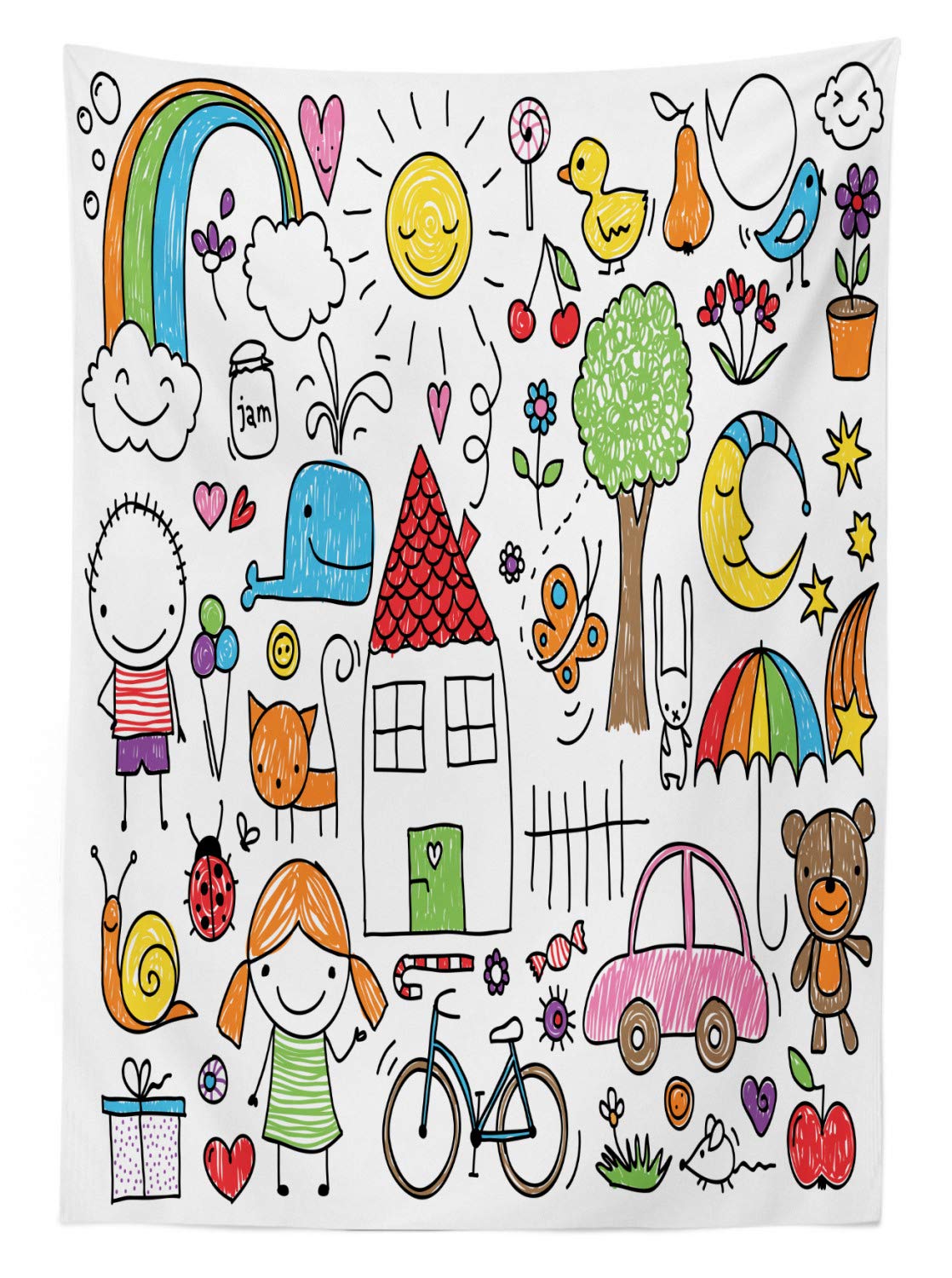 Ambesonne Cartoon Doodle Tablecloth - Washable Outdoor Picnic Table Cover with House, Girl, Boy & Teddy Bear Design, 58