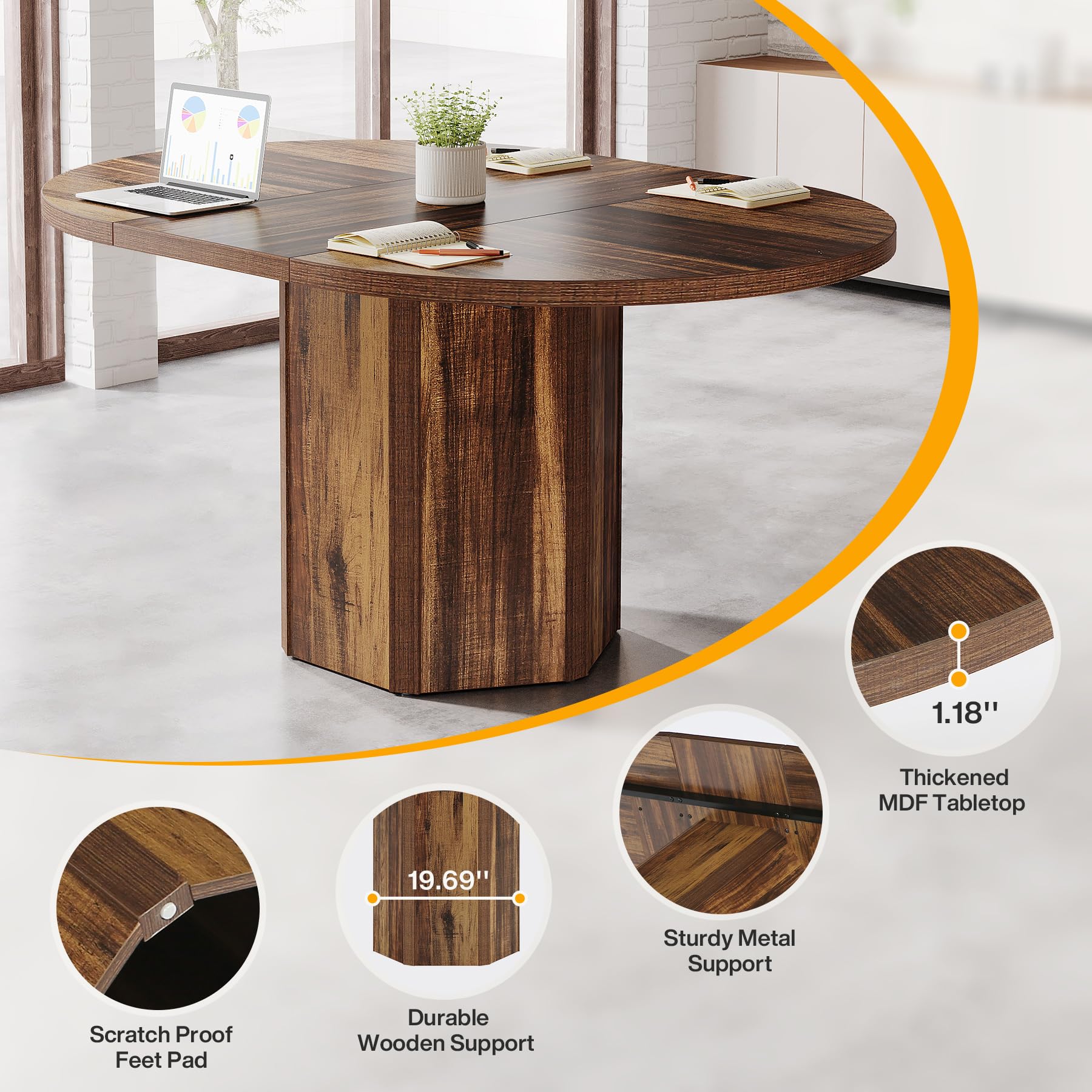 Tribesigns 55.12 Inch Oval Conference Table - Rustic Brown Wood Meeting Table for 4-6 People, Polygon Base Office Desk for Conference Rooms, Break Rooms & Small Seminars | Perfect for Business Meetings, Team Collaboration & Office Workspaces