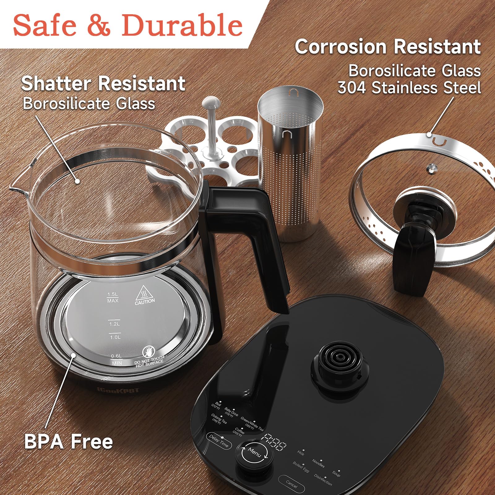 Electric Glass Tea Kettle with Removable Tea Infuser - 1.5L Stainless Steel, 1200W Fast Boiling & Precise Temperature Control - Perfect for Brewing Tea, Coffee, and Herbal Infusions at Home or Office