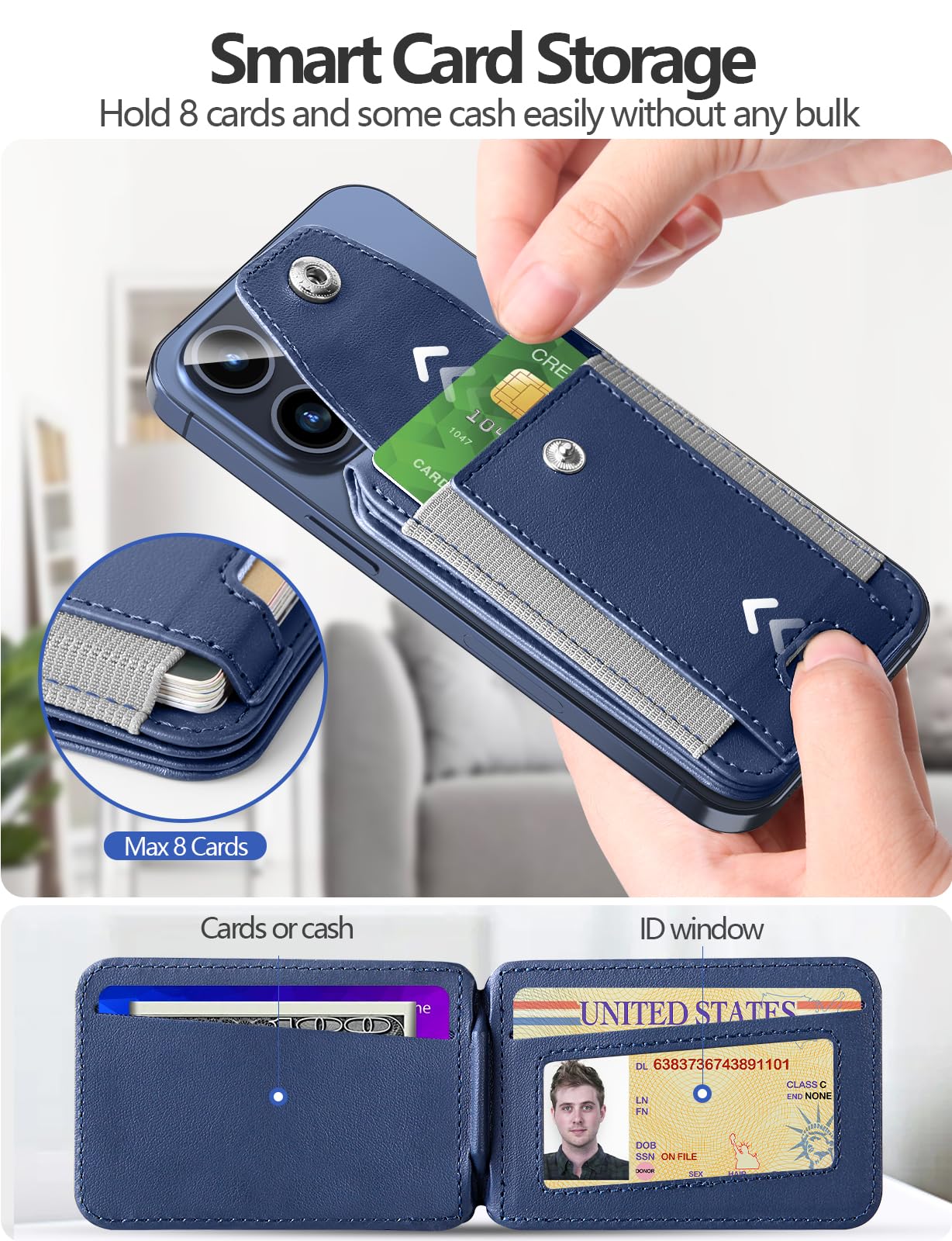 Magnetic Wallet Stand for iPhone 16/15/14/13/12 Series - Vegan Leather Card Holder with Privacy Flap & RFID Blocking - 9 Card Capacity, 3 Slots, Navy Blue - Perfect for Travel, Work & Everyday Use