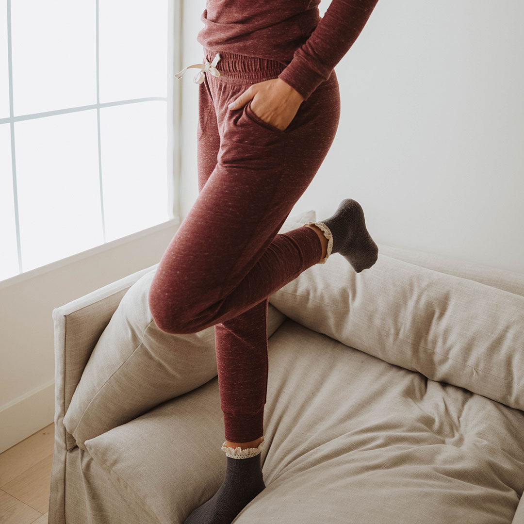 Cozy Cabin Fever Jogger Pants for Women - Soft Heather Maroon Lounge Pants - Perfect for Relaxing at Home, Yoga & Winter Comfort