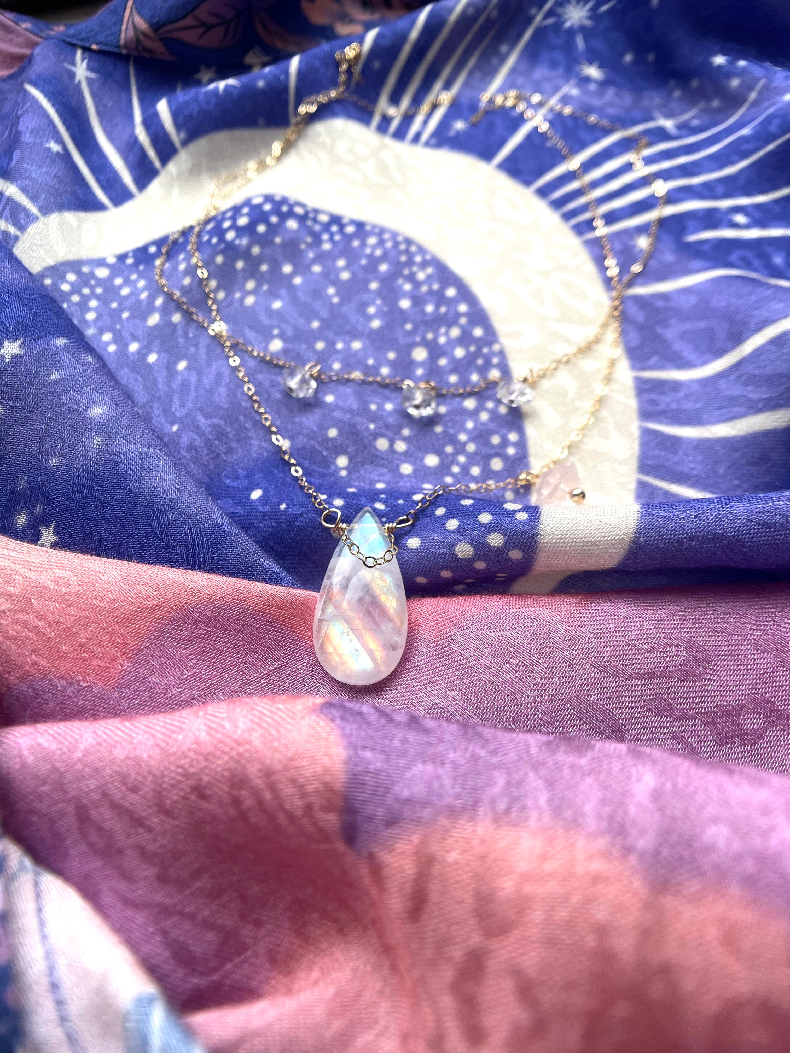 Divine Feminine Jewelry Set - Rainbow Moonstone & Rose Quartz Crystal Necklace with Herkimer Diamond Pendant - Spiritual Healing, Chakra Balancing & Meditation Jewelry for Women - Perfect for Yoga, Reiki & Energy Work